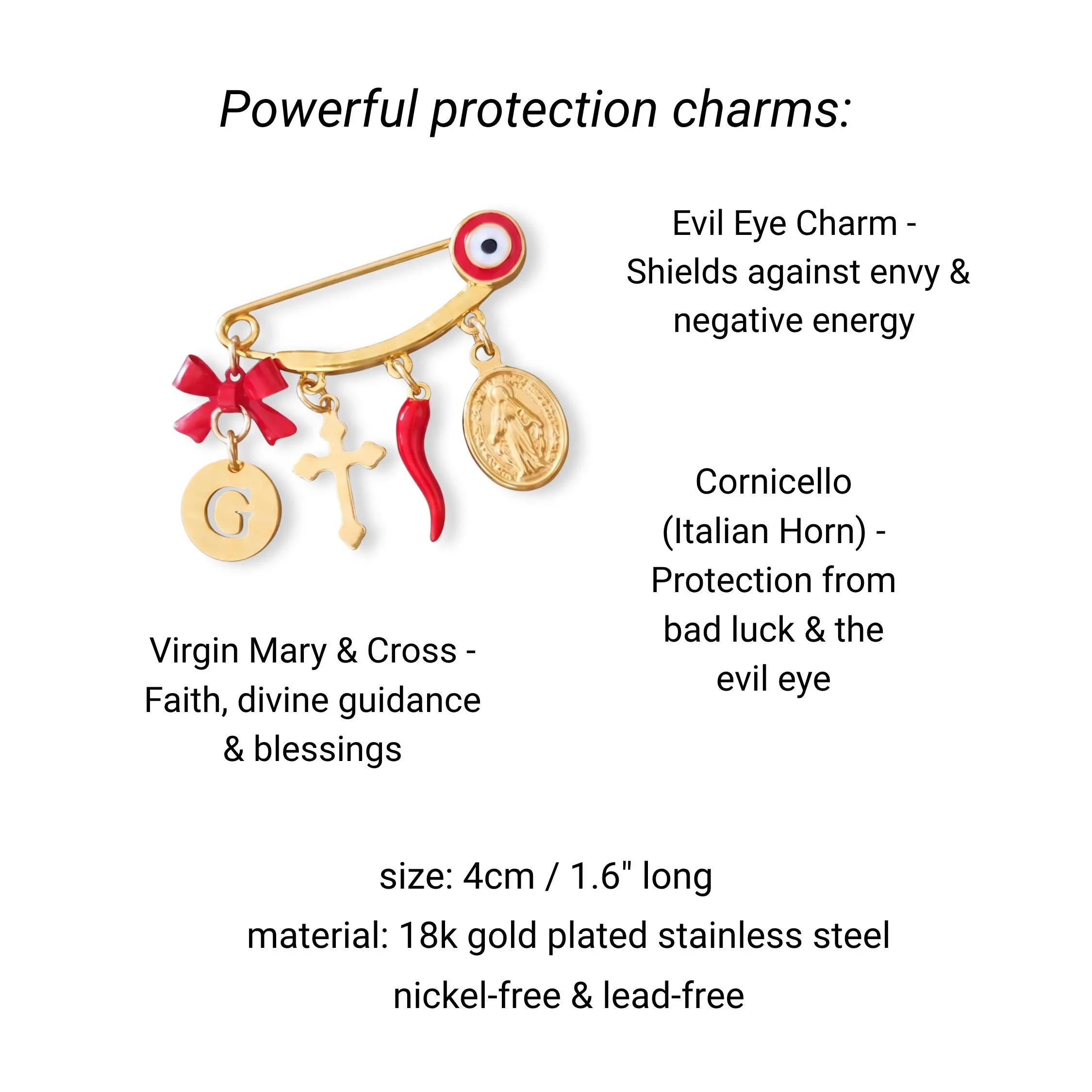 Gold baby protection safety pin featuring hanging charms: initial initial G disc, red bow, cross, red Italian cornicello horn, Virgin Mary medal, and an evil eye end piece.