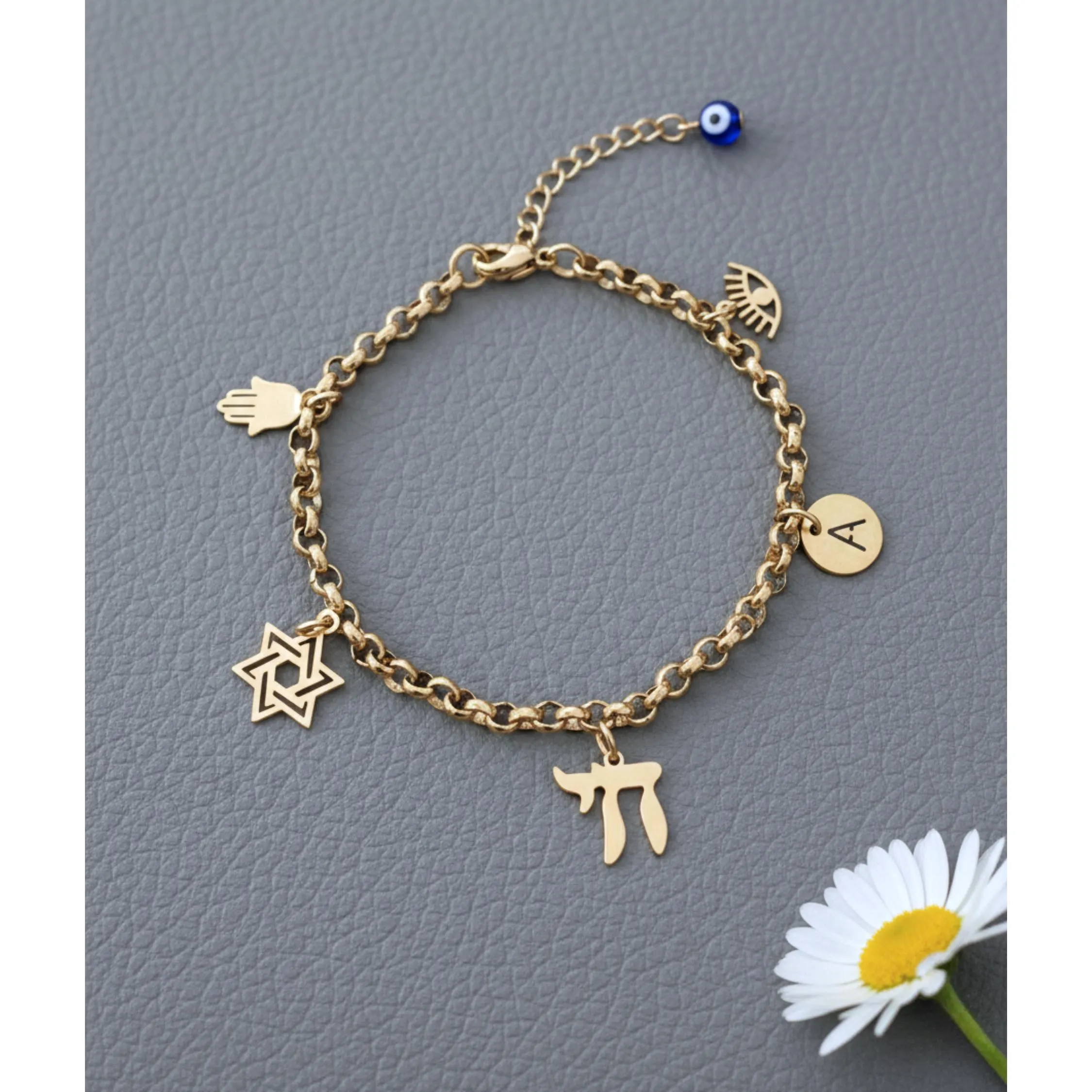 Hamsa Chai Charm Bracelet, Star of David Jewelry Tarnish Free