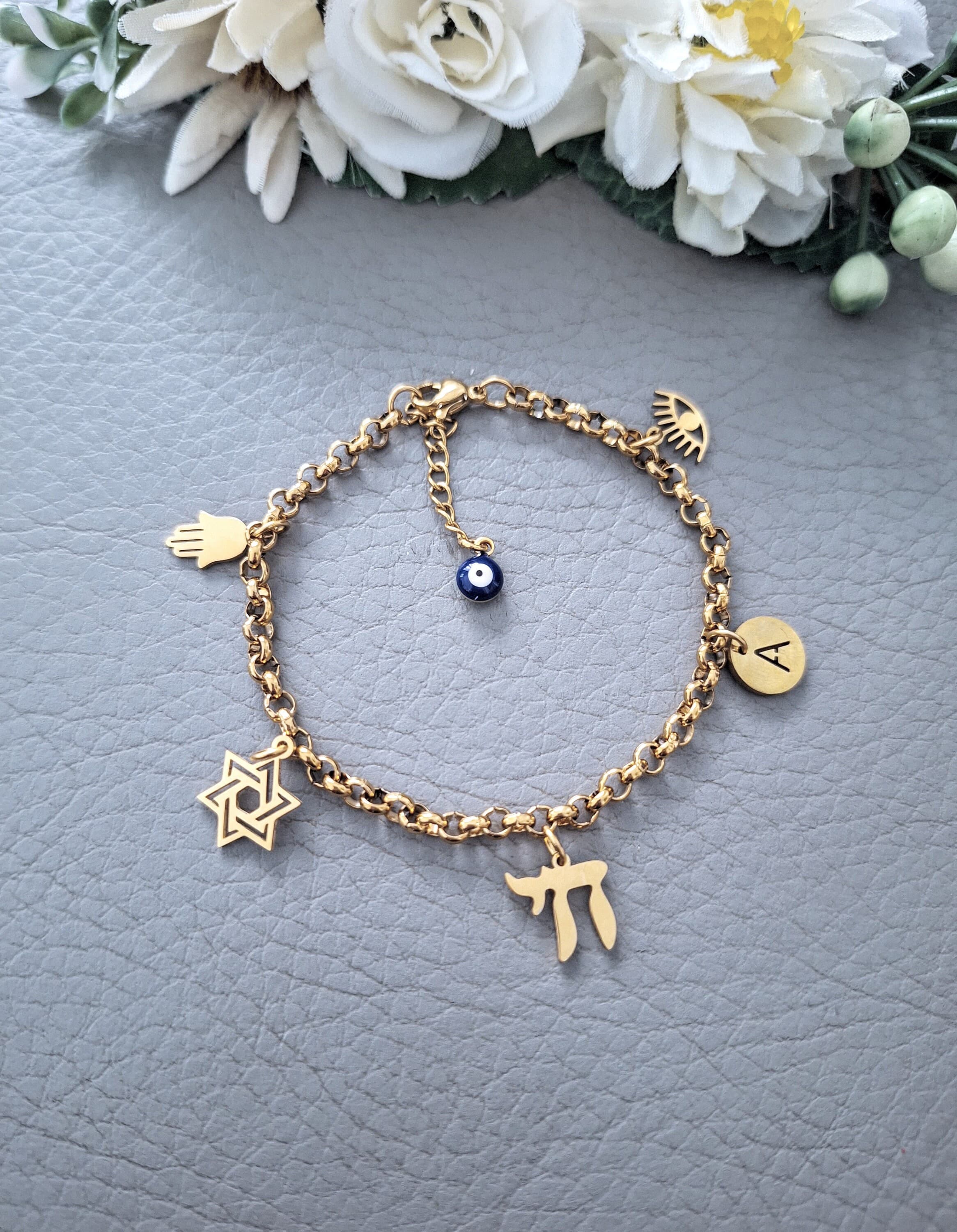 Hamsa Chai Charm Bracelet, Star of David Jewelry Tarnish Free