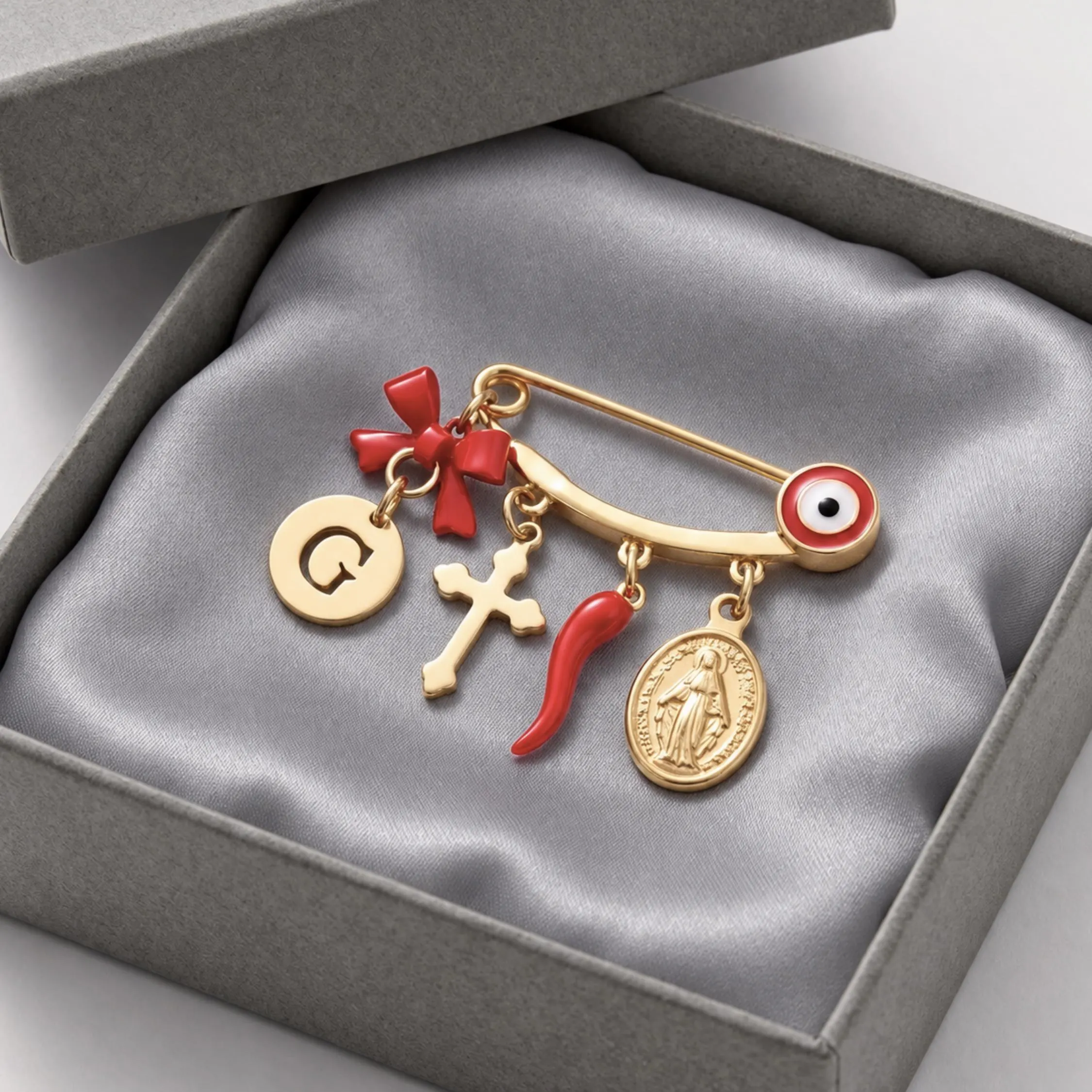Personalized Pregnancy Safety Pin, Red Evil Eye, Italian Horn, Cross, Miraculous Medal Charm