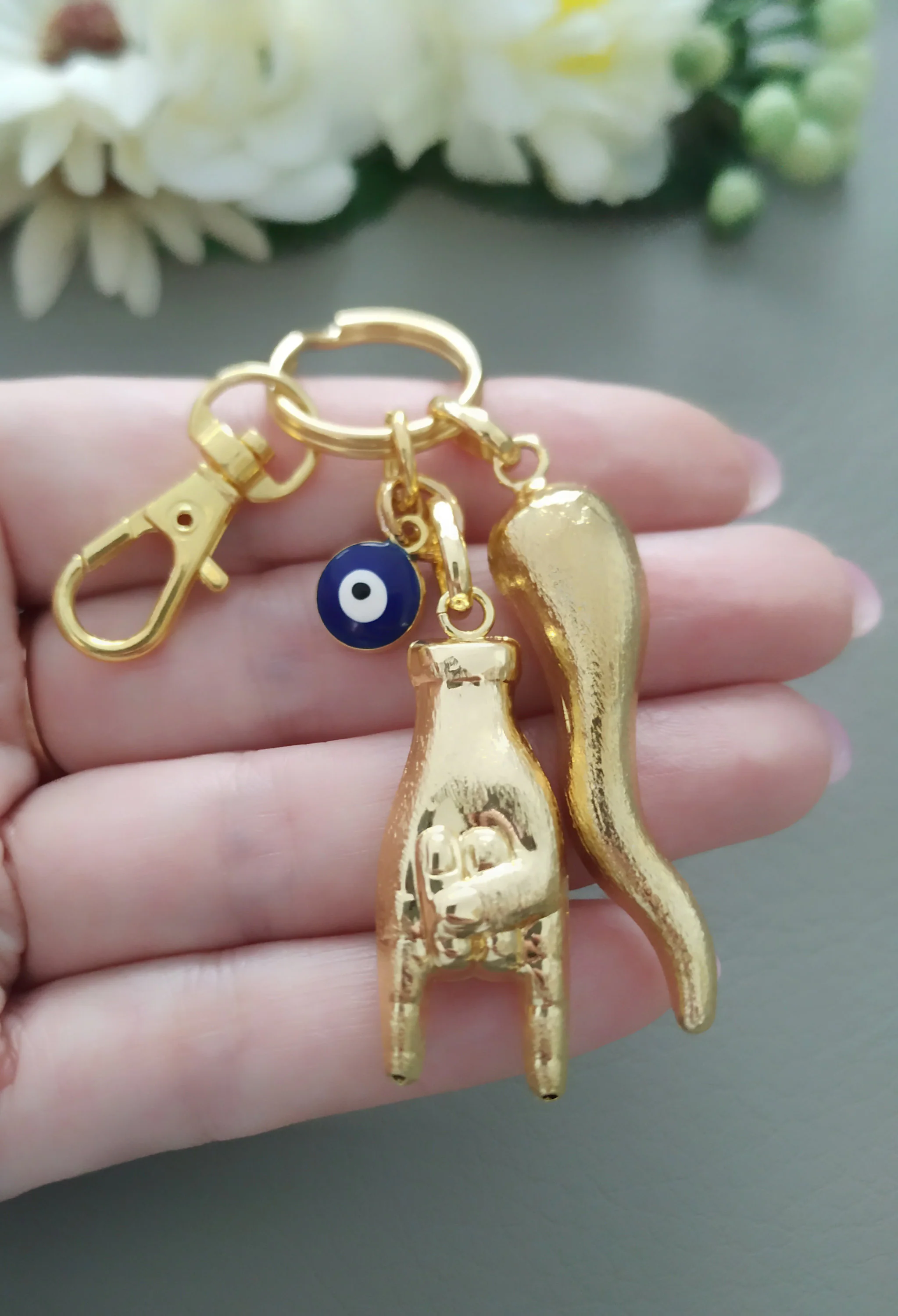 Italian Horn Keychain, Gold Maloik Hand, Mano Cornuto Bag Charm, Lucky Scaramanzia - image 3