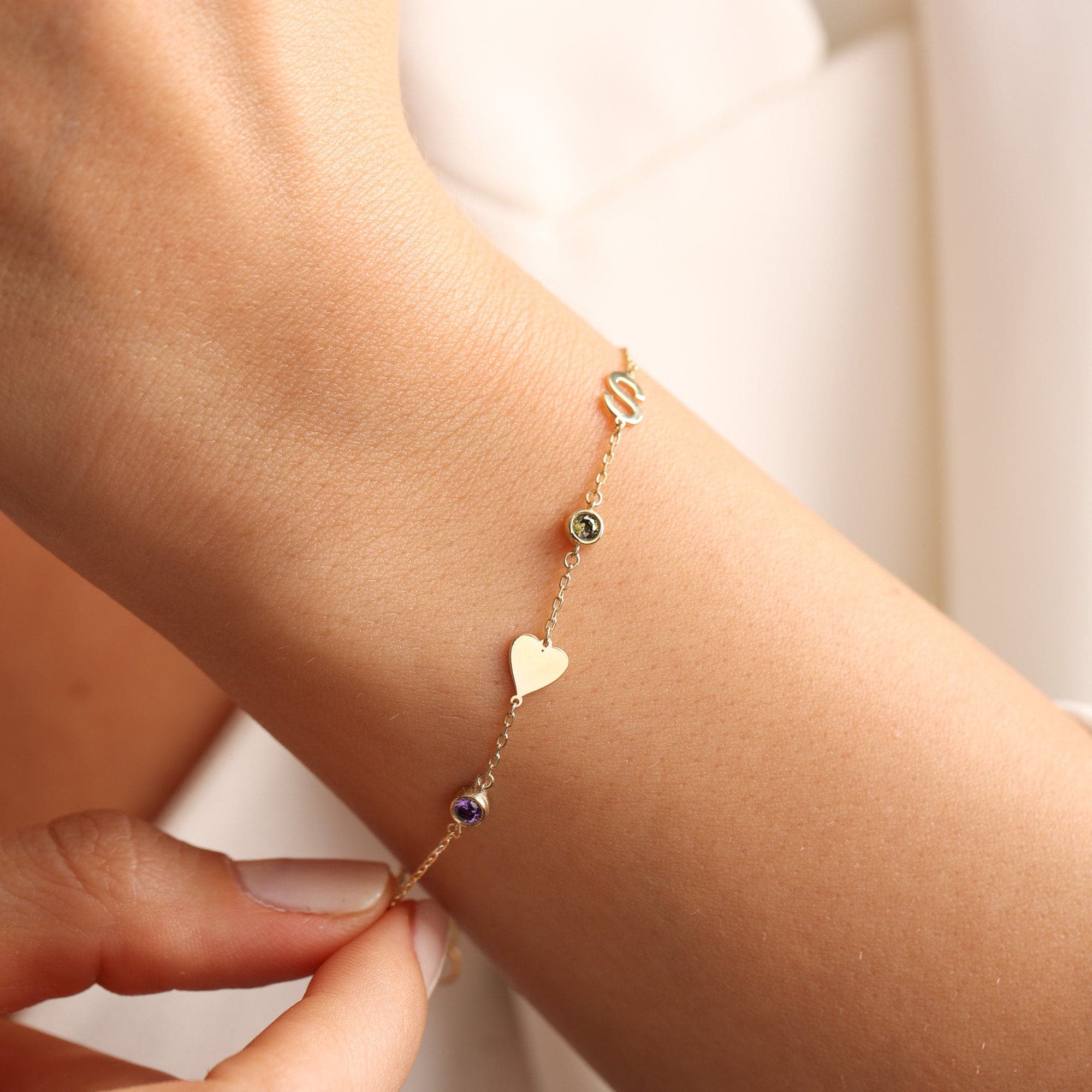 14k Gold initial Bracelet , Personalized Birthstone initial Bracelet , Letter Bracelet, Personalized jewelry, Gift for Her, Mother days gift - image 5