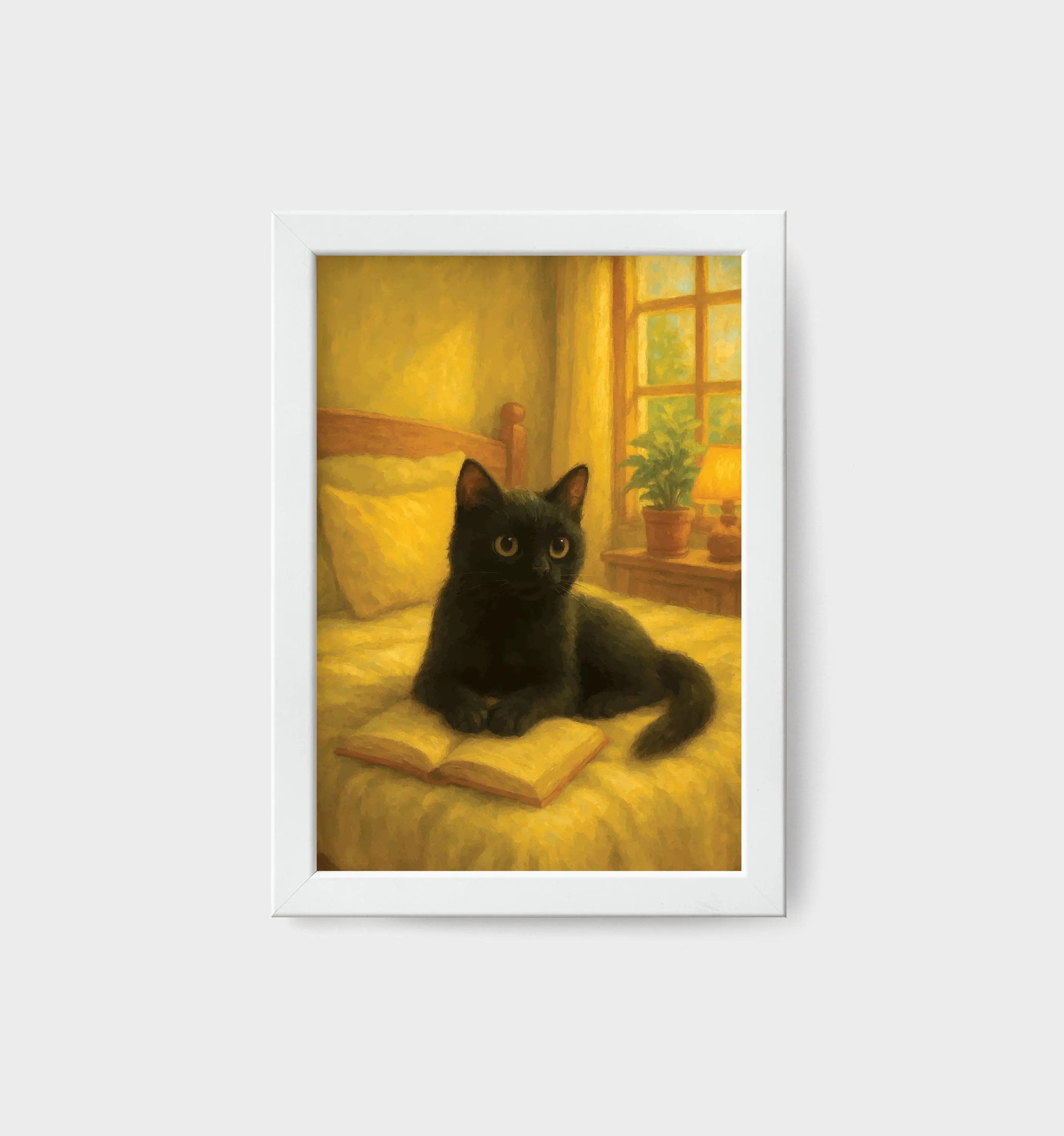 Black Cat Reading Wall Art Print | Cozy Book Lover Illustration | Vintage-Style Cat Artwork for Bedroom, Library or Reading Nook | Literary