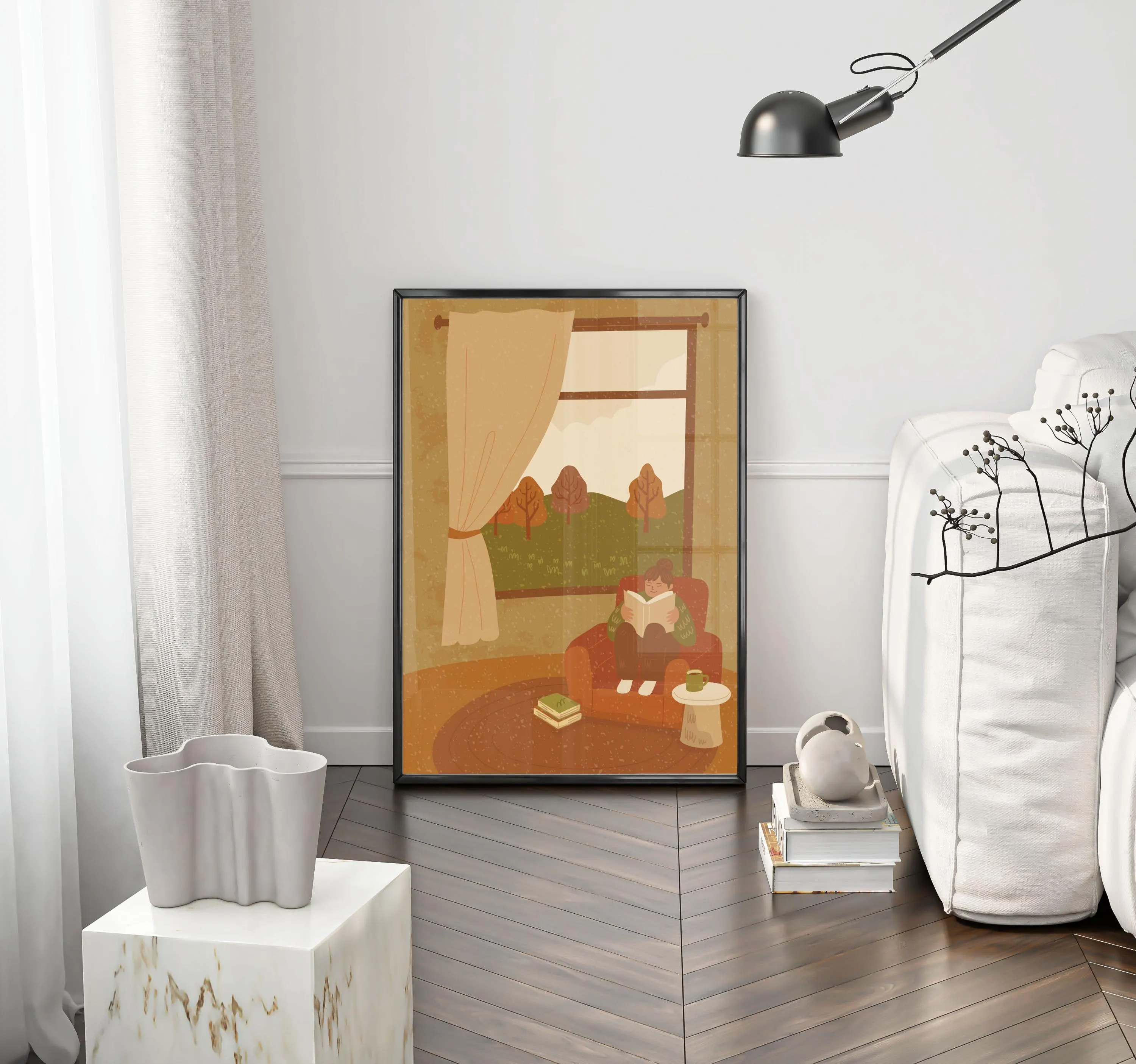 Cozy Reading Nook Wall Art Poster – Autumn Home Illustration Print - Book Lover Gifts - Tintzy - image 3