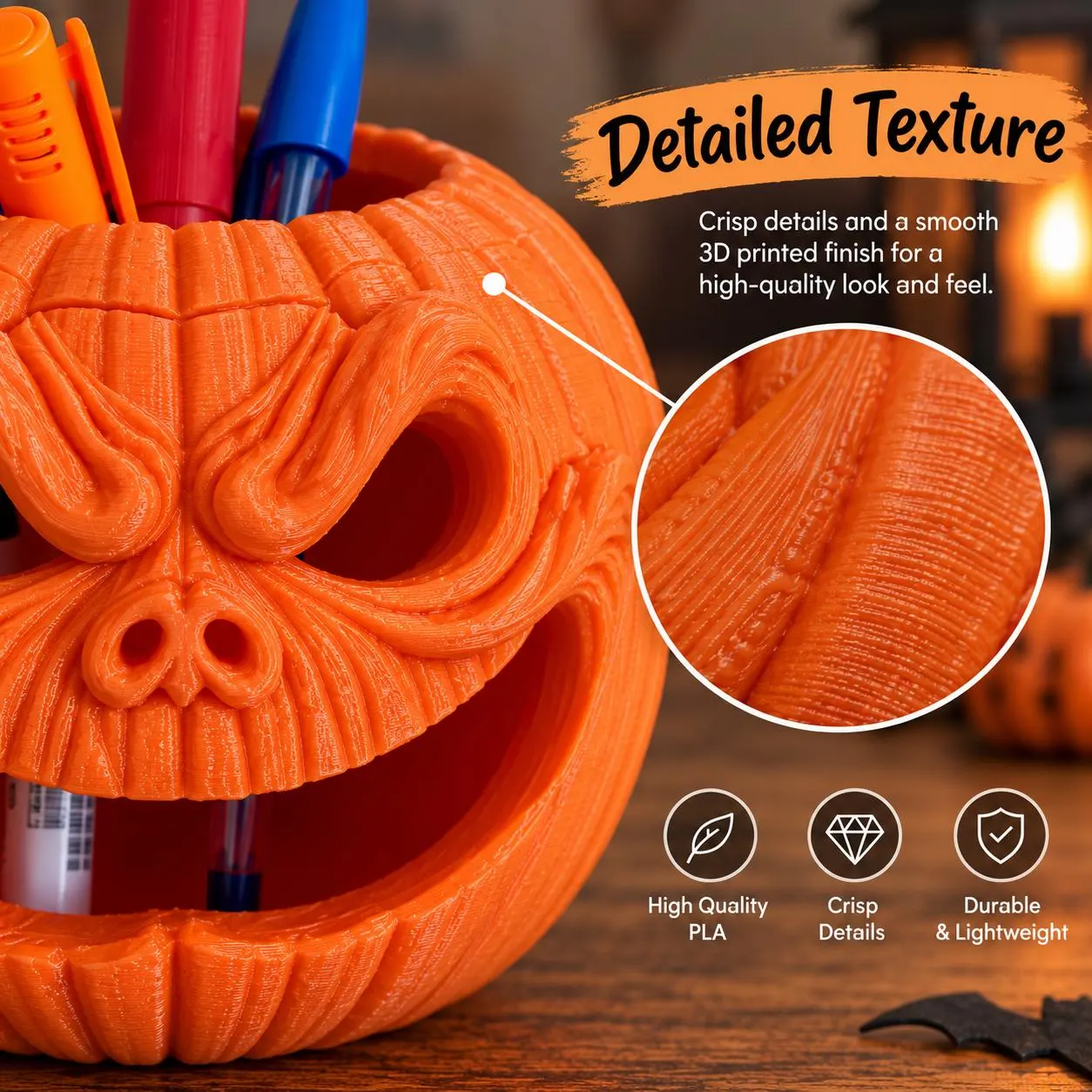 Close-up of orange 3D printed pumpkin pencil holder showing visible PLA layer texture, crisp carved facial details, hollow eye and mouth openings, and magnified surface detail.
