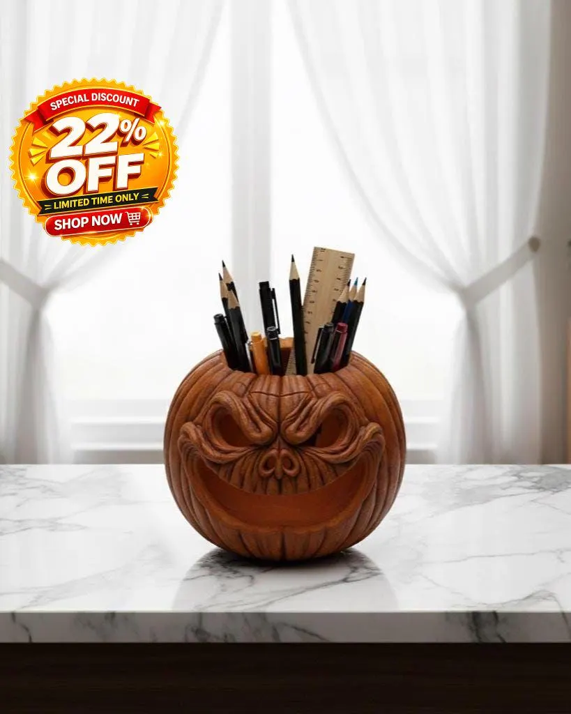 Halloween Pencil Holder, Gothic Desk Decor, Pumpkin Desk Organizer, Spooky Office Supplies, 3D Printed Scary Carved Face - image 2
