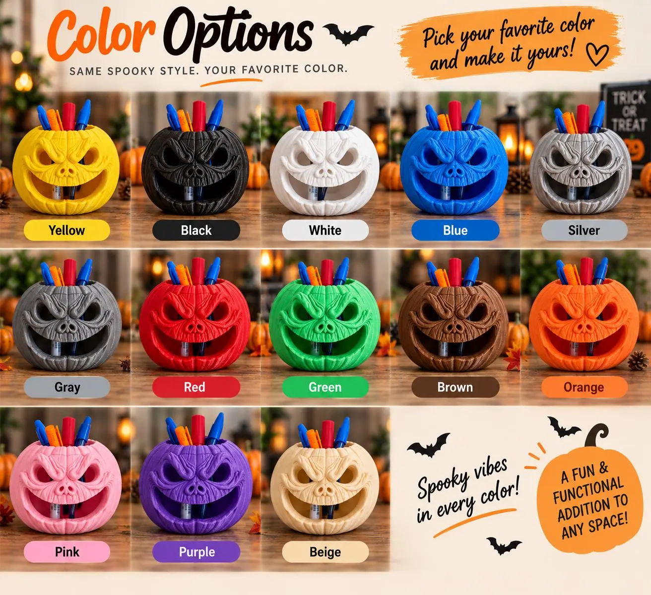 Color options for the 3D printed pumpkin pencil holder showing yellow, black, white, blue, silver, gray, red, green, brown, orange, pink, purple and beige.