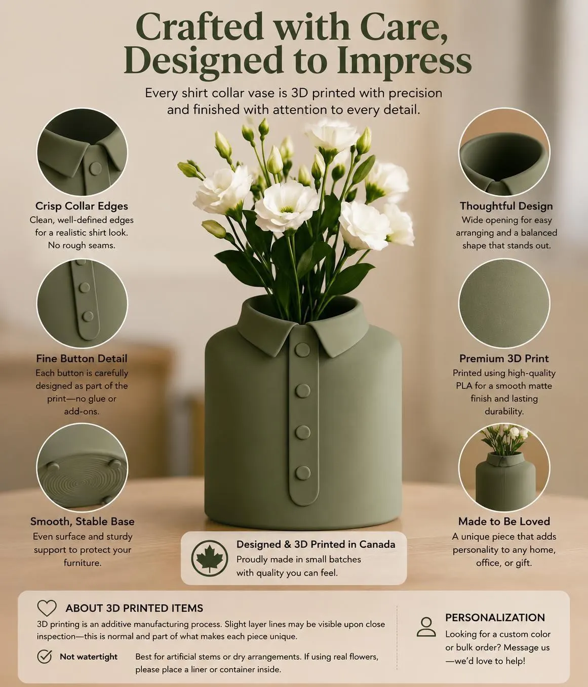 3D Printed Shirt Collar Vase, Quirky Funny Flower Vase for Home or Office