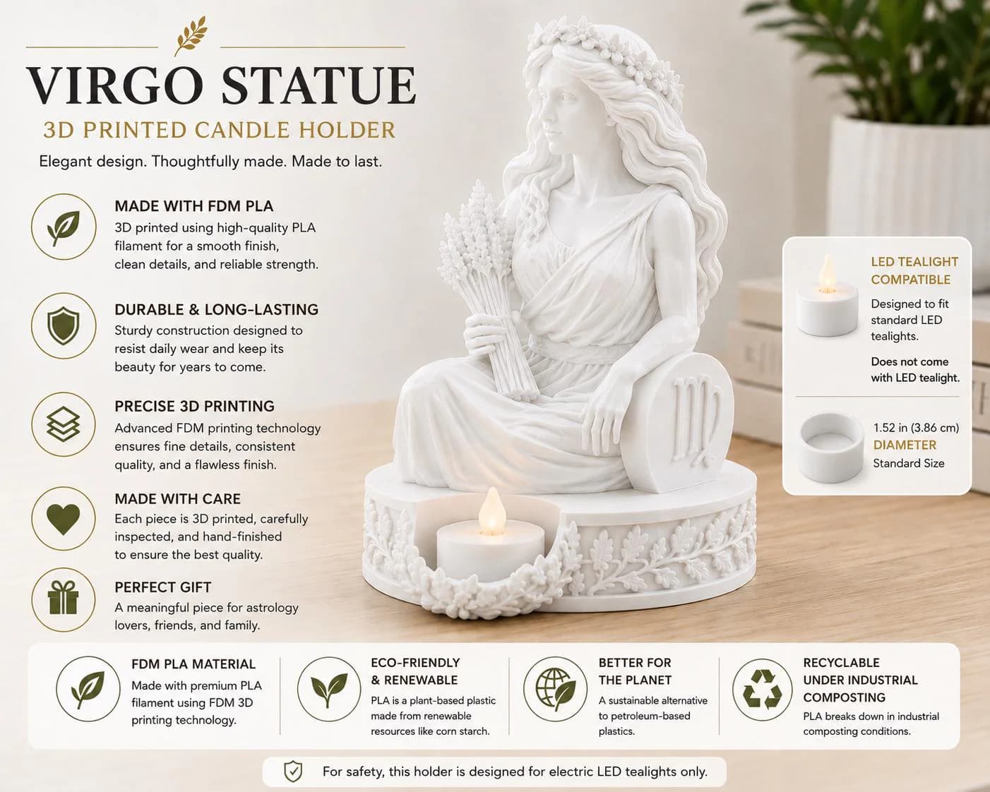 3D Printed Virgo Statue Candle Holder, Zodiac Goddess Tealight Holder, Wheat Sheaf Home Decor, Astrology Gift, Virgo Birthday Gift - image 2