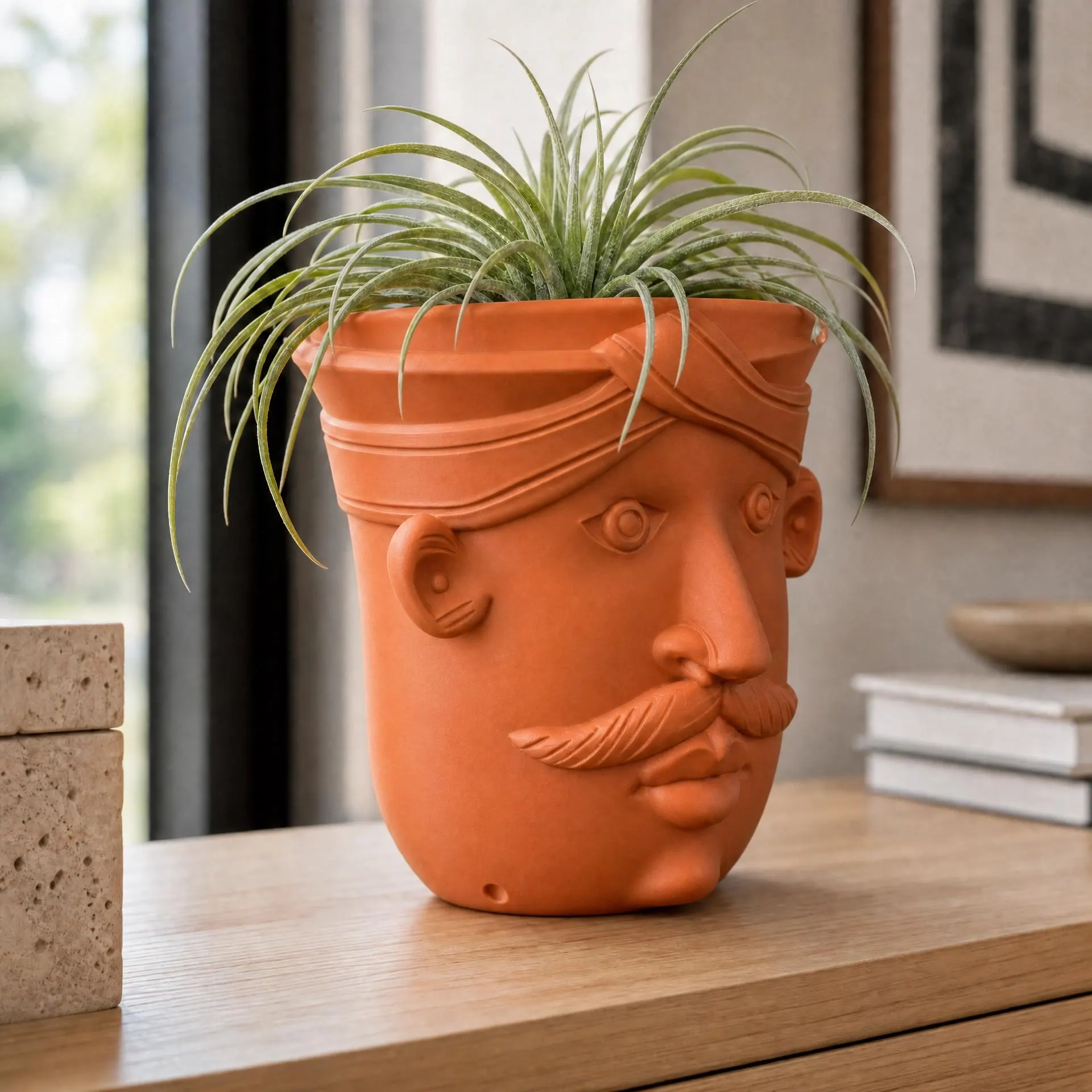 Boho terracotta head planter with a spiky air plant styled as hair, displayed on a wood platform in a modern living room. The hand-detailed face shows a mustache, headwrap, expressive eyes, and ears.