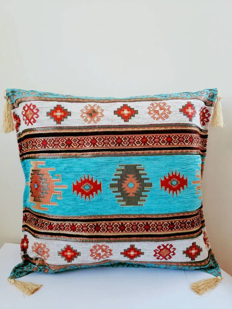 Boho Tribal Moroccan Cushion Cover, Bohemia Pattern Pillow Cover, Aztec Pillow Cover, Throw Pillow,Decorative Turquoise Pillow Cover. 17x17