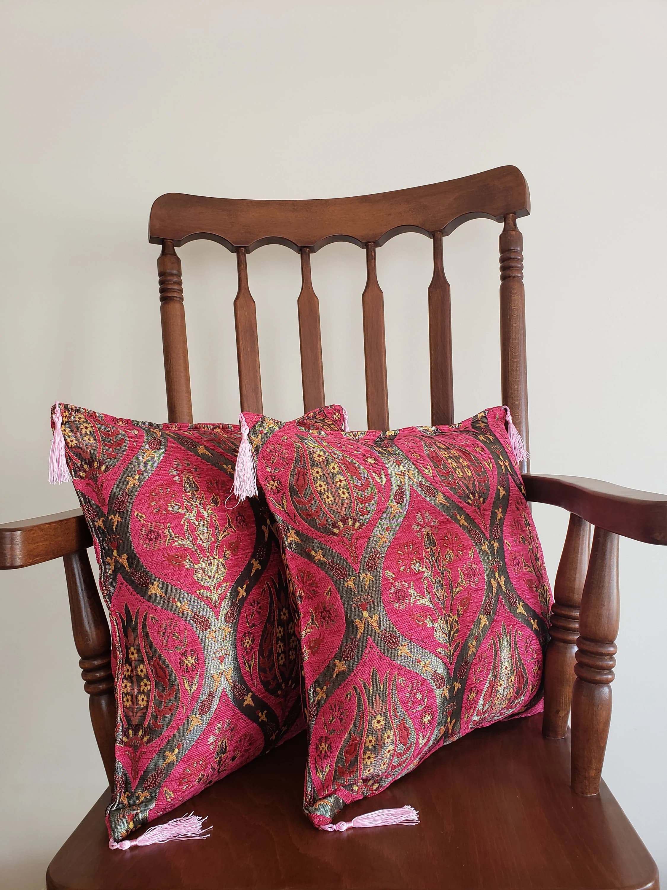 Hot Pink Pillow Set of Two, Boho Pillow, Ethnic Cushion Cover, Moroccan Pillow, Chenille Pillow, 17x17 Inch, Pillow for Couple, Gift for Her