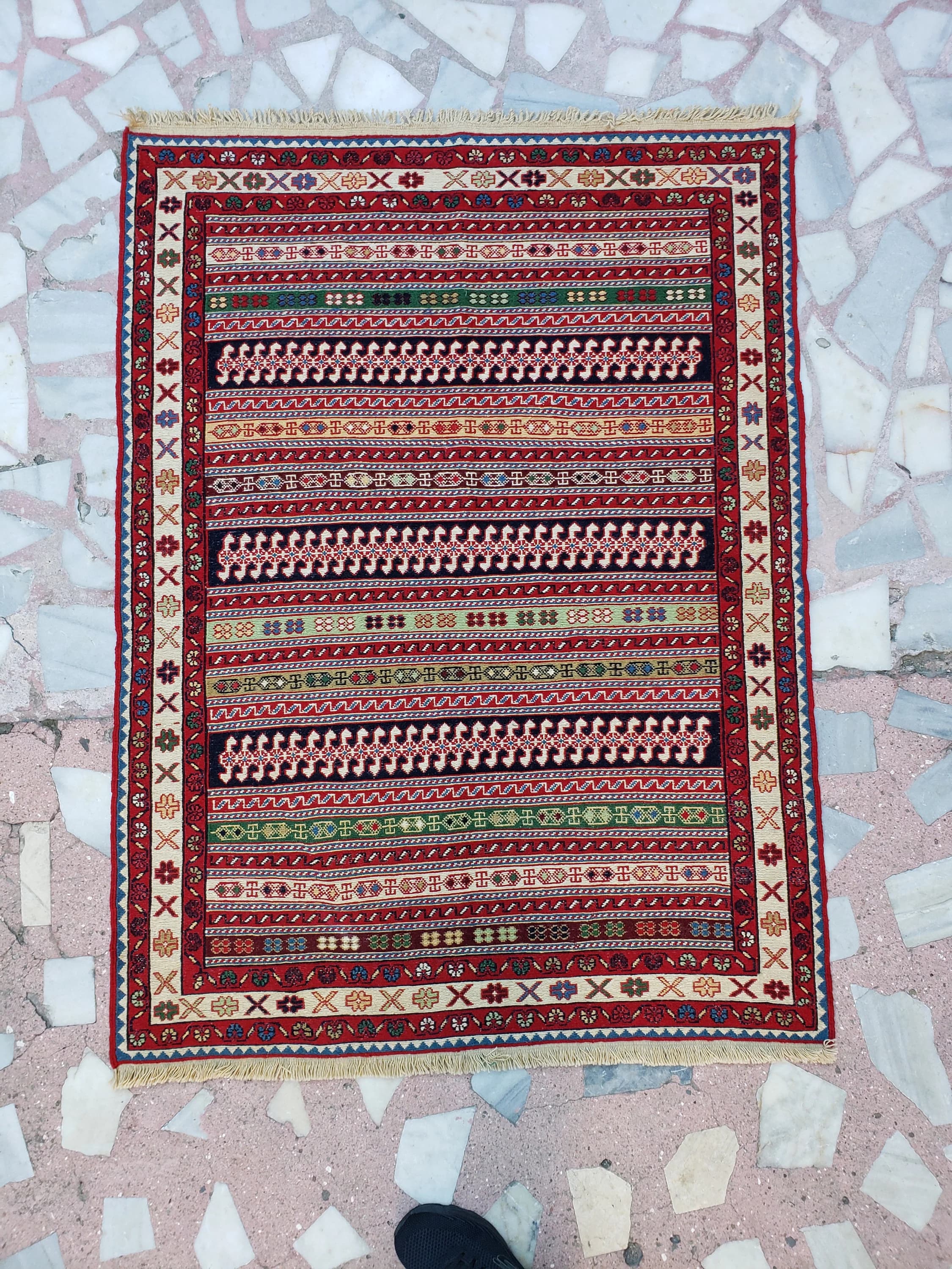 Vintage Kurdish 3'4" x 4'6" Beautiful Silk Soumak Rug, Nomadic Woven Kilim Rug, Hand Knotted Wool Rah Rah Rug 1960s - FREE DOMESTIC SHIPPING - image 5