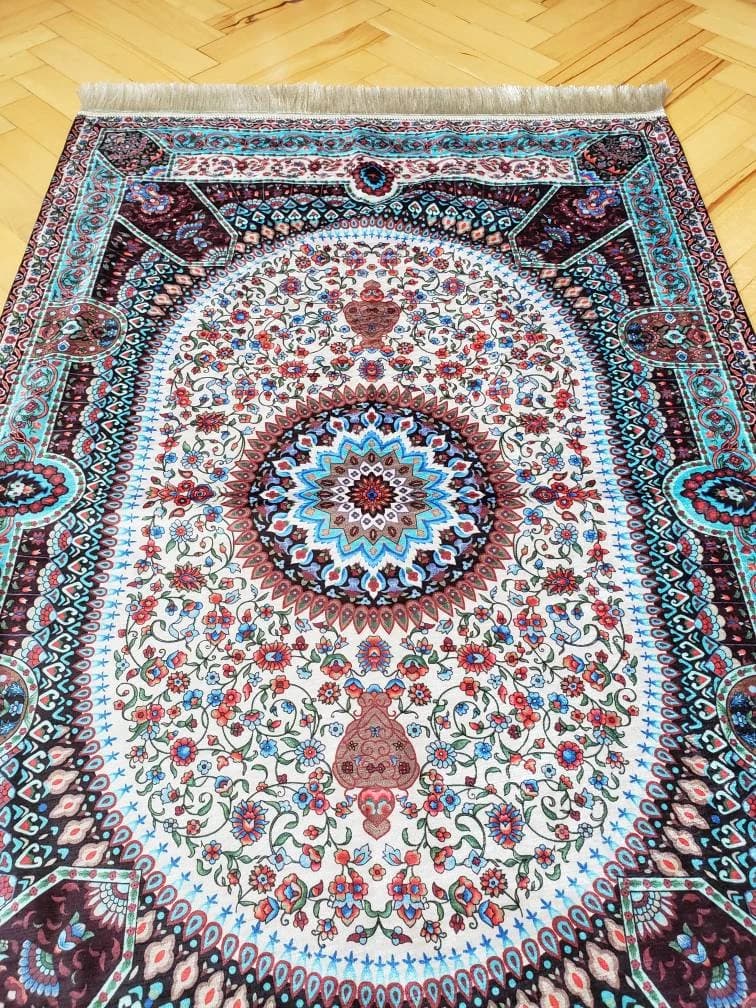 turkish chenille prayer rug, luxury prayer mat, silk meditation rug, floral velvet prayer rugs for muslim, sejadah for men - image 4