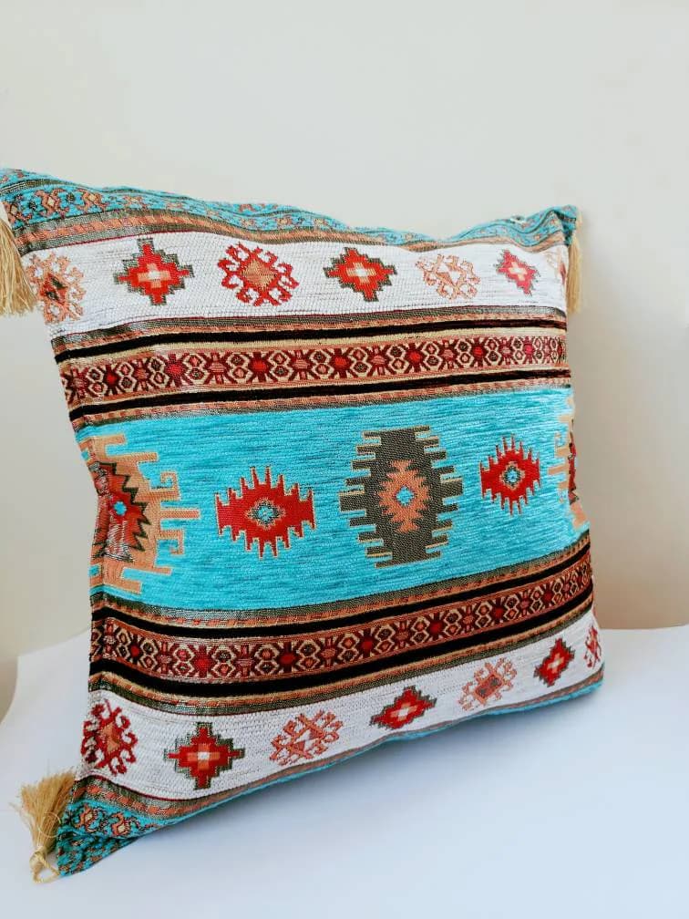 Boho Tribal Moroccan Cushion Cover, Bohemia Pattern Pillow Cover, Aztec Pillow Cover, Throw Pillow,Decorative Turquoise Pillow Cover. 17x17 - image 2