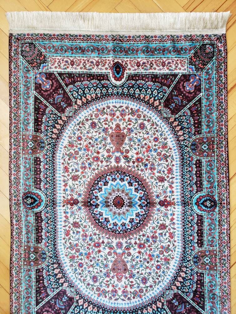 turkish chenille prayer rug, luxury prayer mat, silk meditation rug, floral velvet prayer rugs for muslim, sejadah for men - image 5