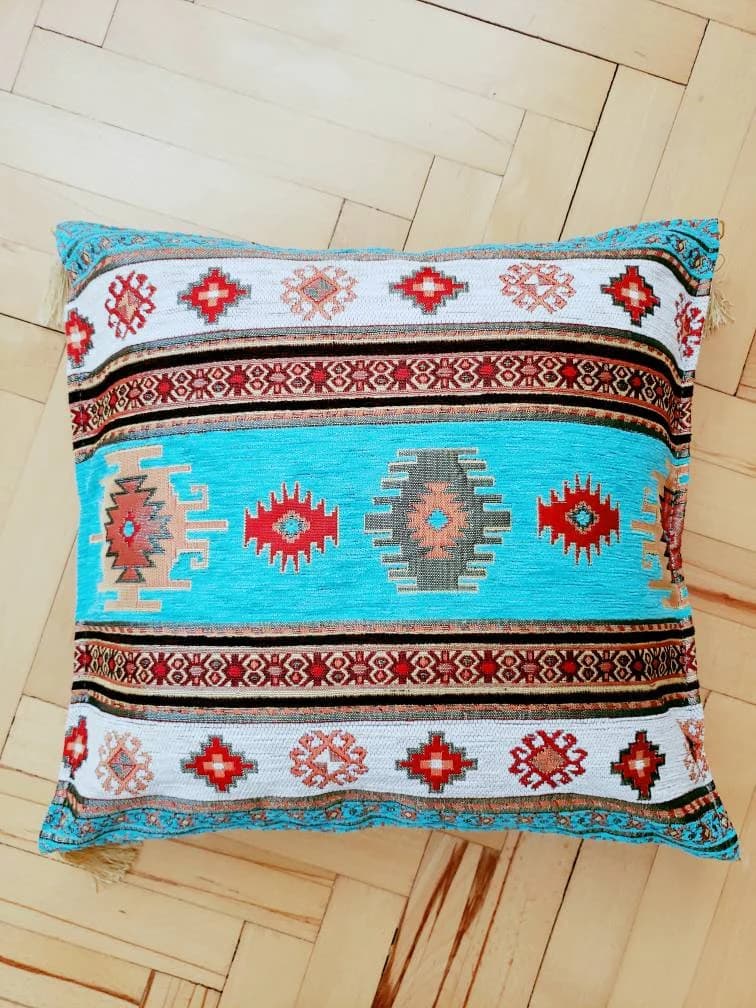 Boho Tribal Moroccan Cushion Cover, Bohemia Pattern Pillow Cover, Aztec Pillow Cover, Throw Pillow,Decorative Turquoise Pillow Cover. 17x17 - image 3