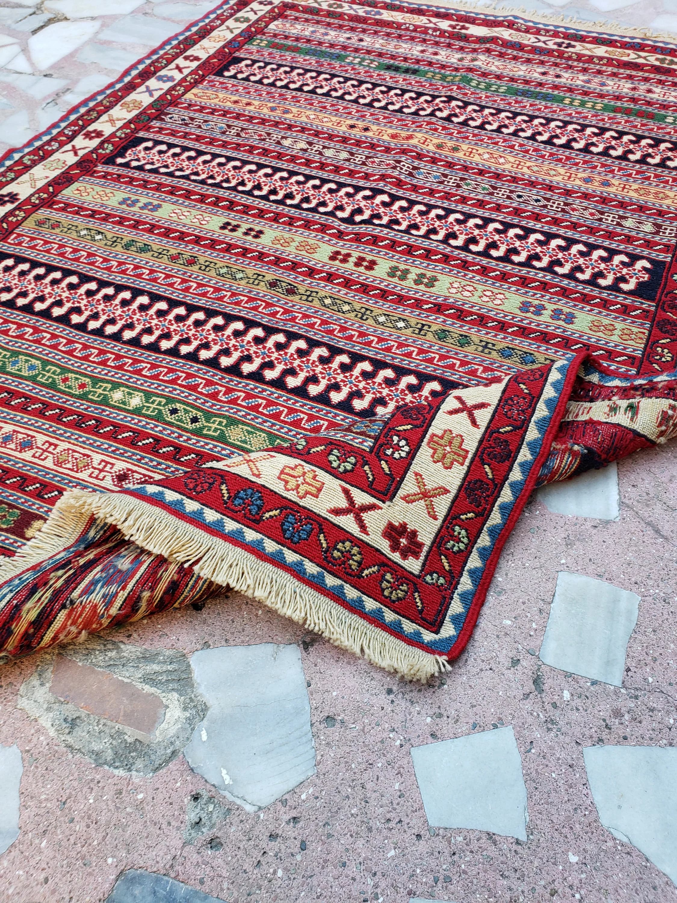Vintage Kurdish 3'4" x 4'6" Beautiful Silk Soumak Rug, Nomadic Woven Kilim Rug, Hand Knotted Wool Rah Rah Rug 1960s - FREE DOMESTIC SHIPPING - image 2