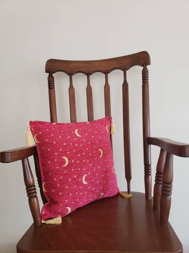 pink moon pillow, moon decor, boho pink pillow, zen decor, moon lover gift for her, golden moons on pink, 17x17 decorative pink cushion - image 2