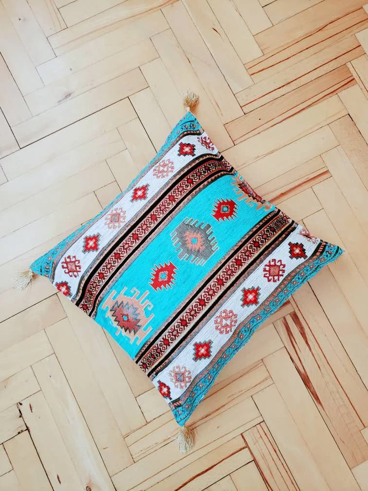 Boho Tribal Moroccan Cushion Cover, Bohemia Pattern Pillow Cover, Aztec Pillow Cover, Throw Pillow,Decorative Turquoise Pillow Cover. 17x17 - image 4