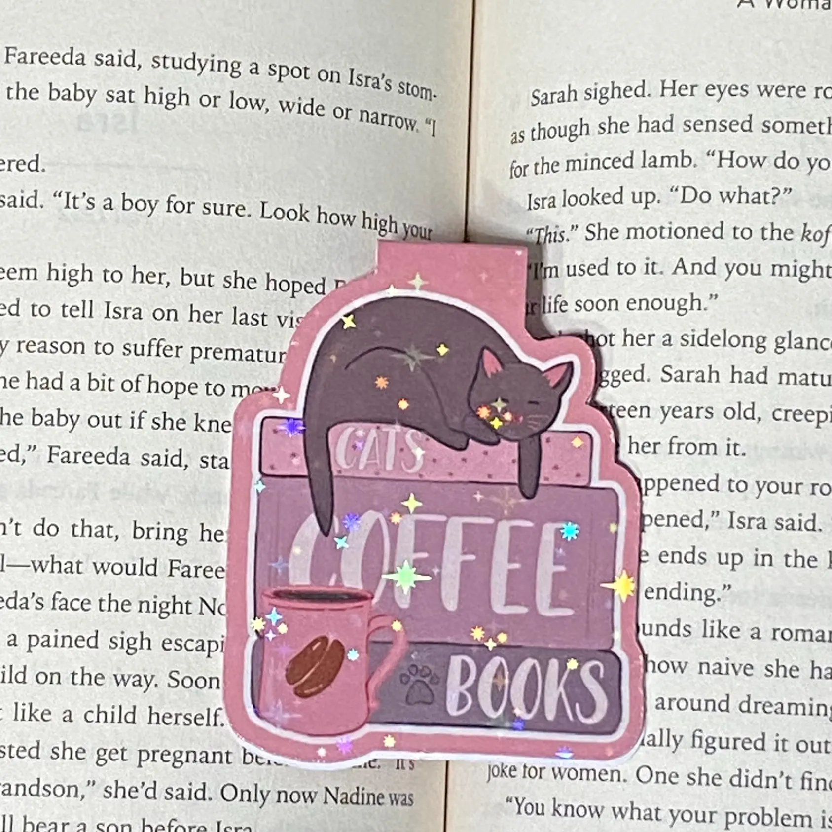 cat coffee books bookmark on book