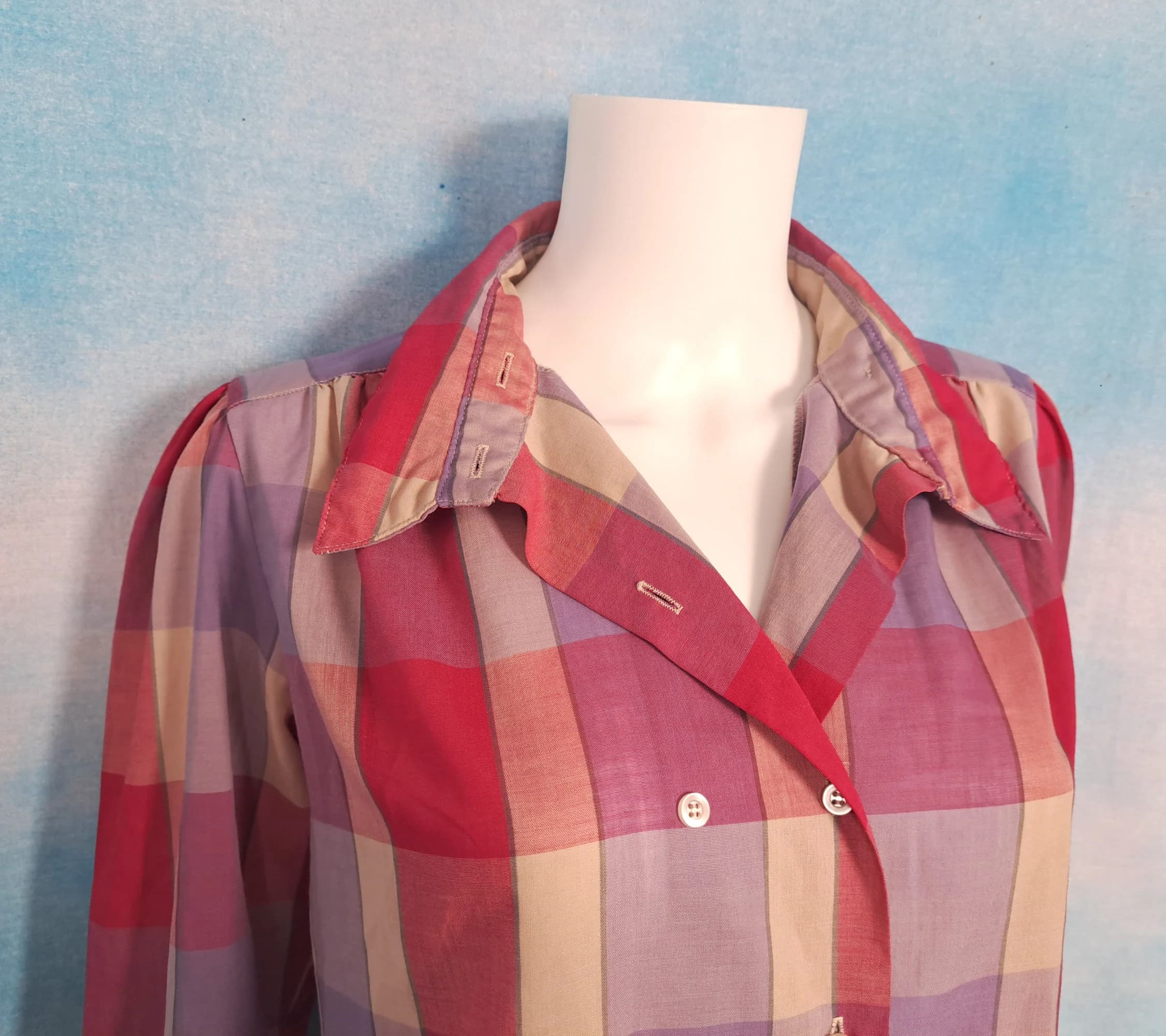 Vintage 80s Double Breasted Purple Red Pink Madras Plaid High Collar Thin Cotton Blend Long Sleeve Blouse/ Honors/ Size M - image 5