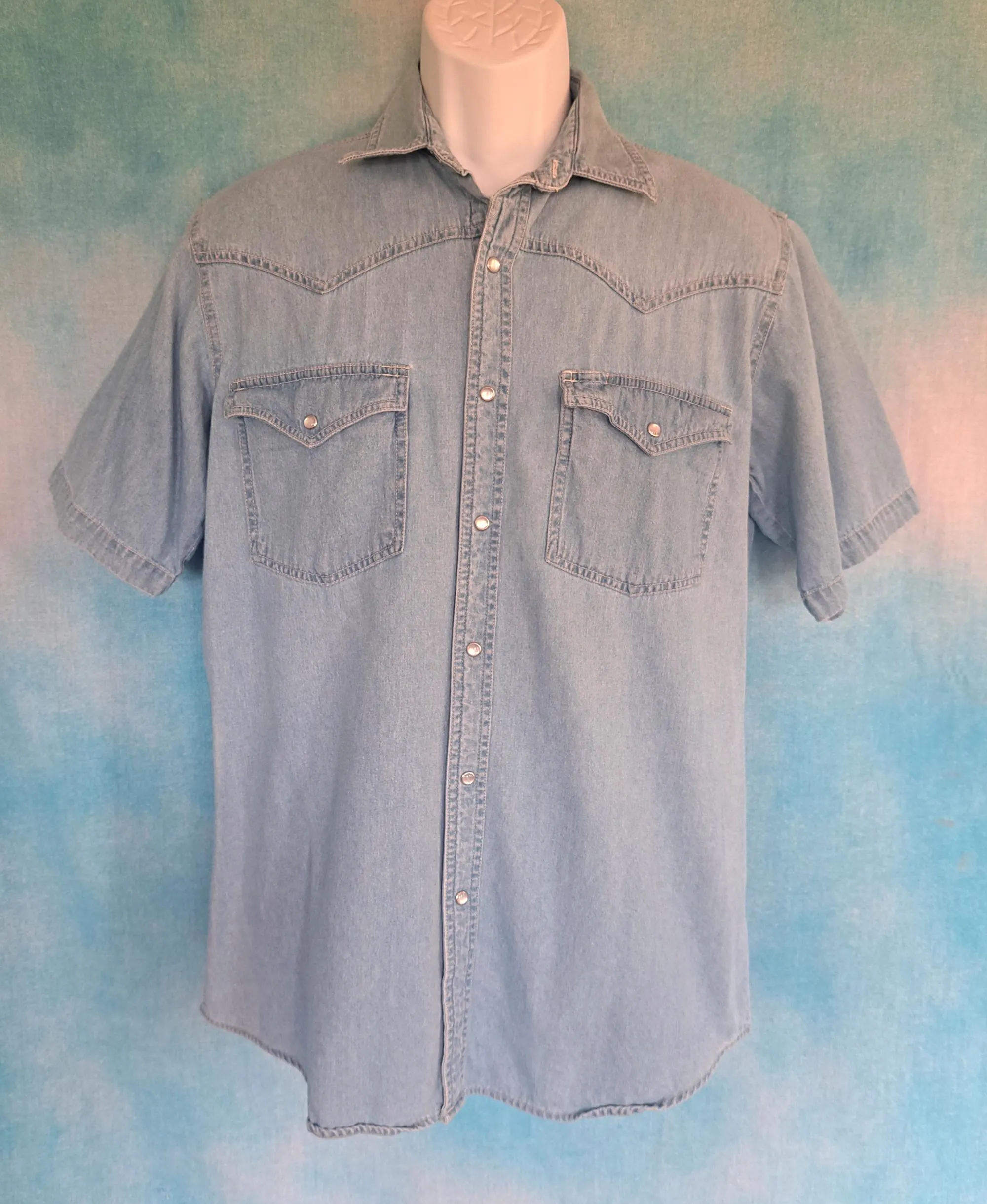 Vintage 90s Bit and Bridle Light Blue Denim Short Sleeve Western Snap Shirt, Men's M - image 4