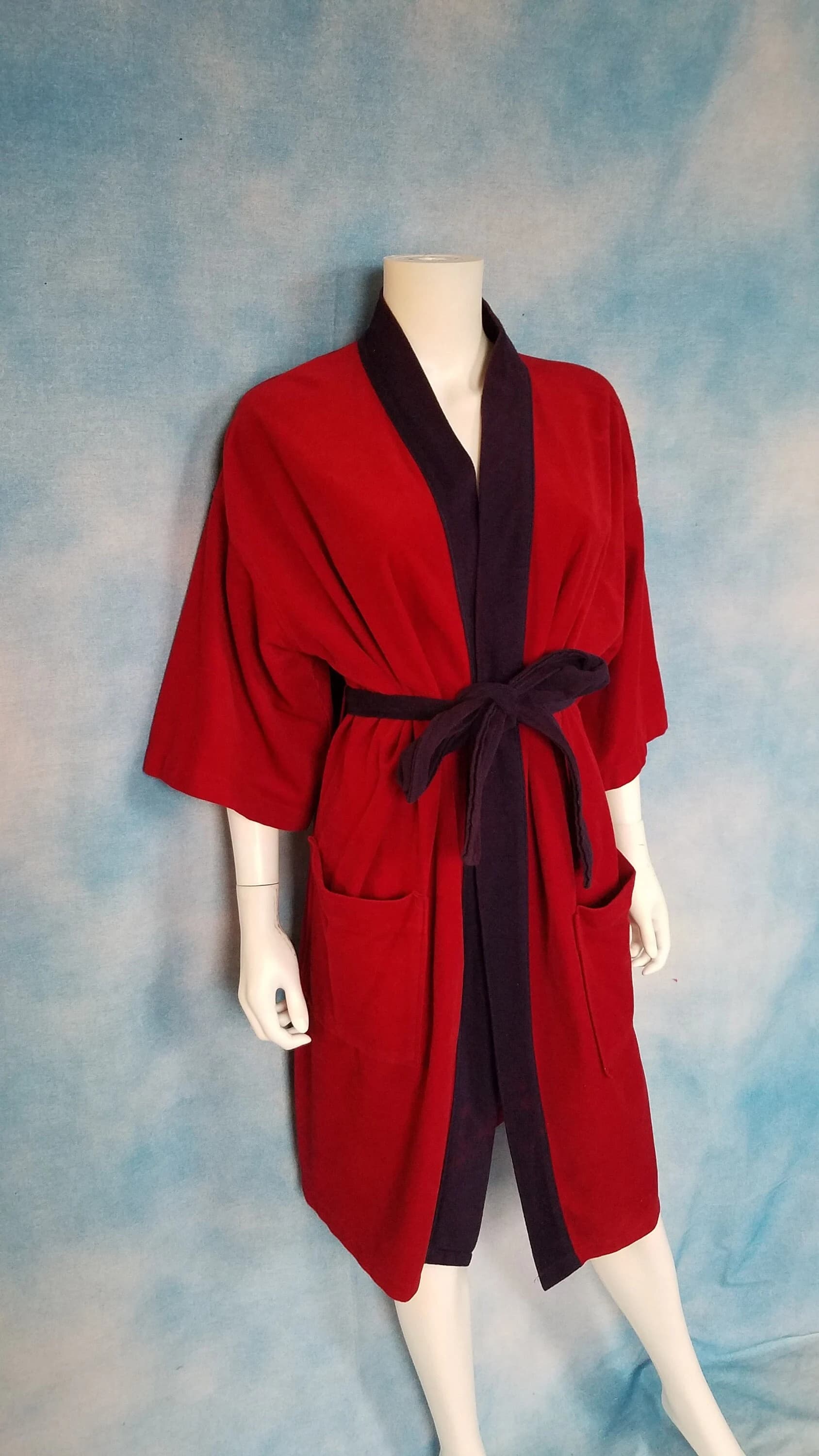Vintage 80s Cranberry and Navy Velour Bathrobe/ After Hours by Diplomat/ One Size