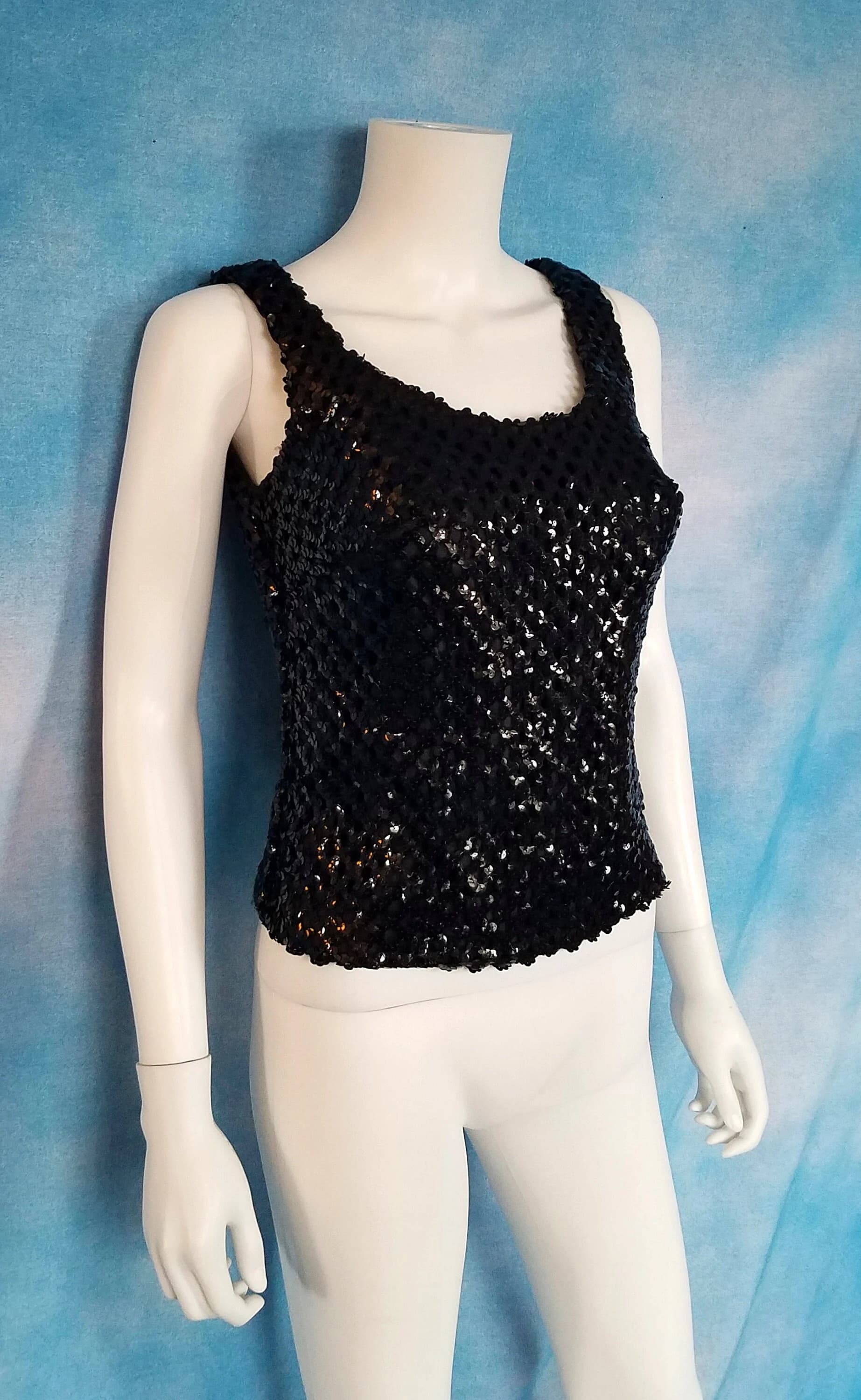 Vintage 60s Black Sequined Sleeveless Tank Shell Top with Zipper Back, Deeper Scooped Neckline/ Union Made/ Size S