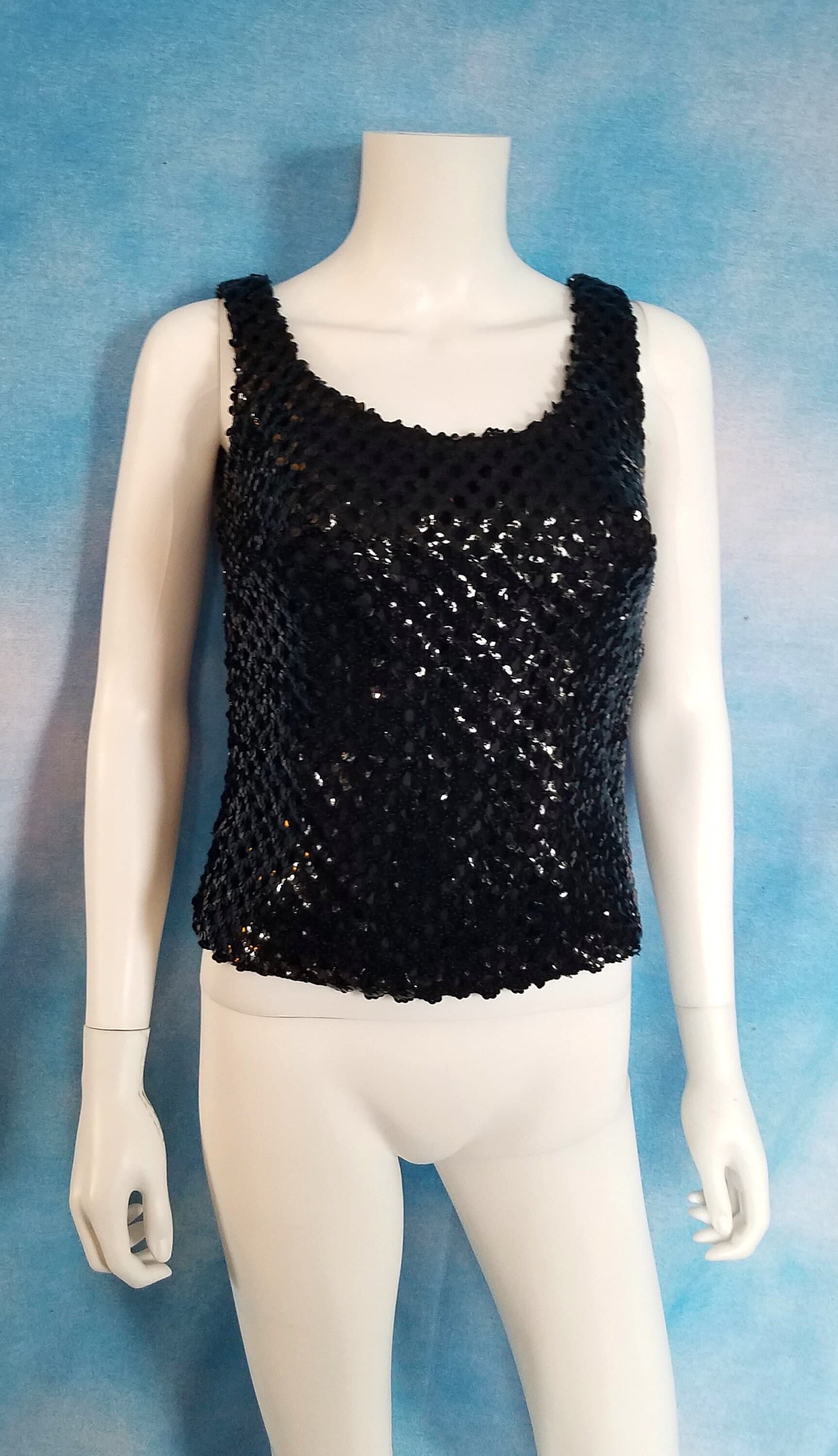 Vintage 60s Black Sequined Sleeveless Tank Shell Top with Zipper Back, Deeper Scooped Neckline/ Union Made/ Size S - image 3