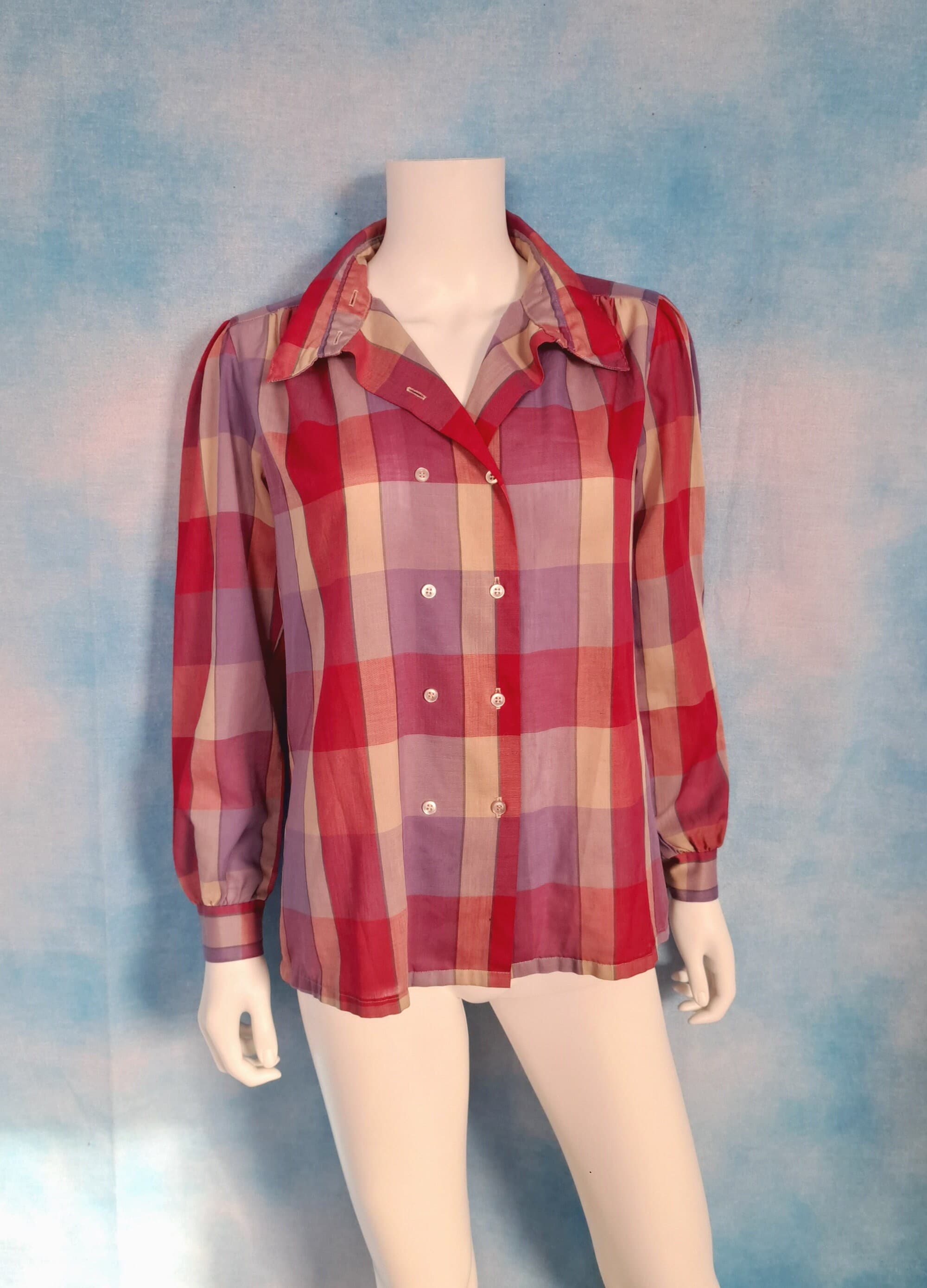 Vintage 80s Double Breasted Purple Red Pink Madras Plaid High Collar Thin Cotton Blend Long Sleeve Blouse/ Honors/ Size M - image 3