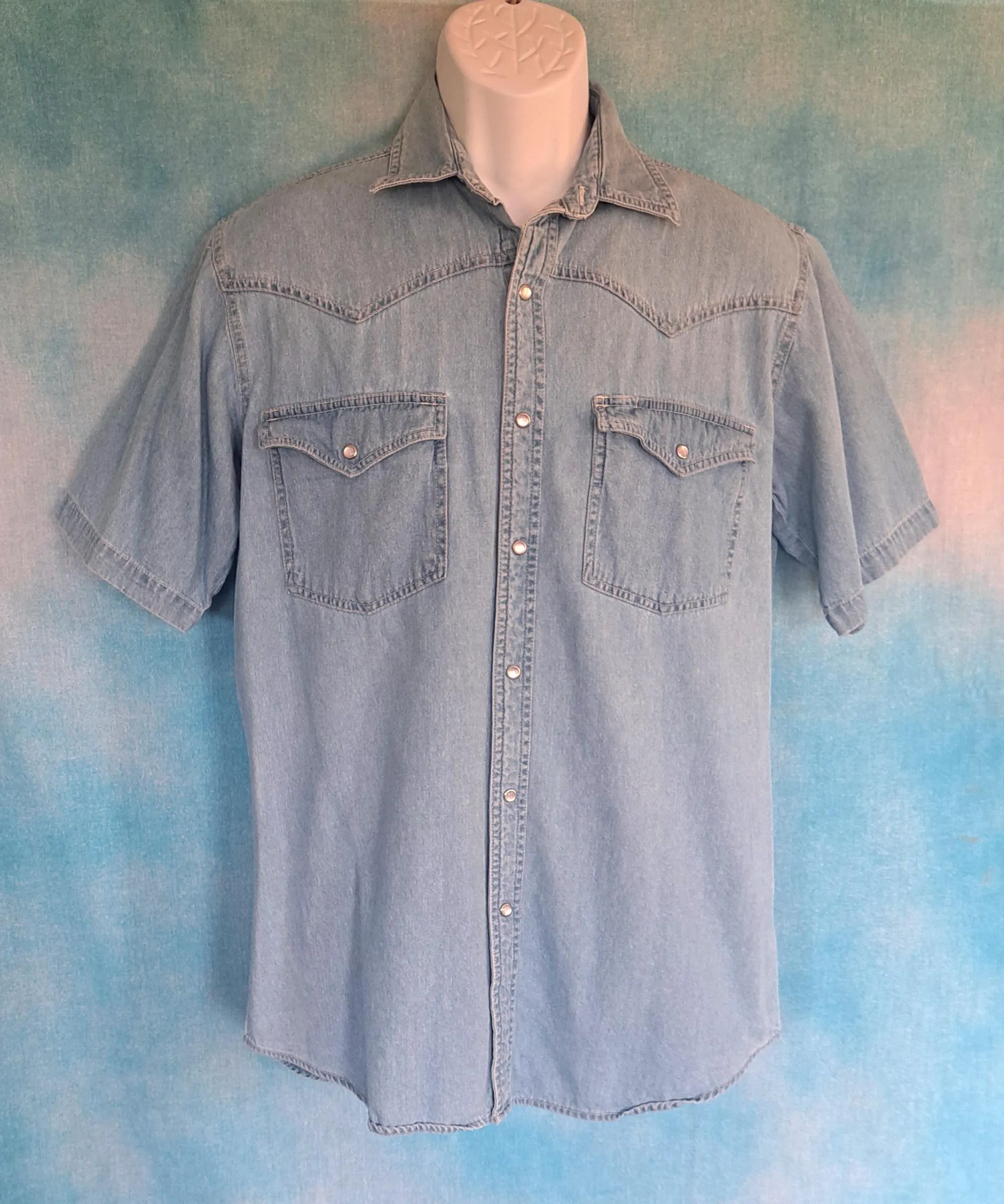 Vintage 90s Bit and Bridle Light Blue Denim Short Sleeve Western Snap Shirt, Men's M