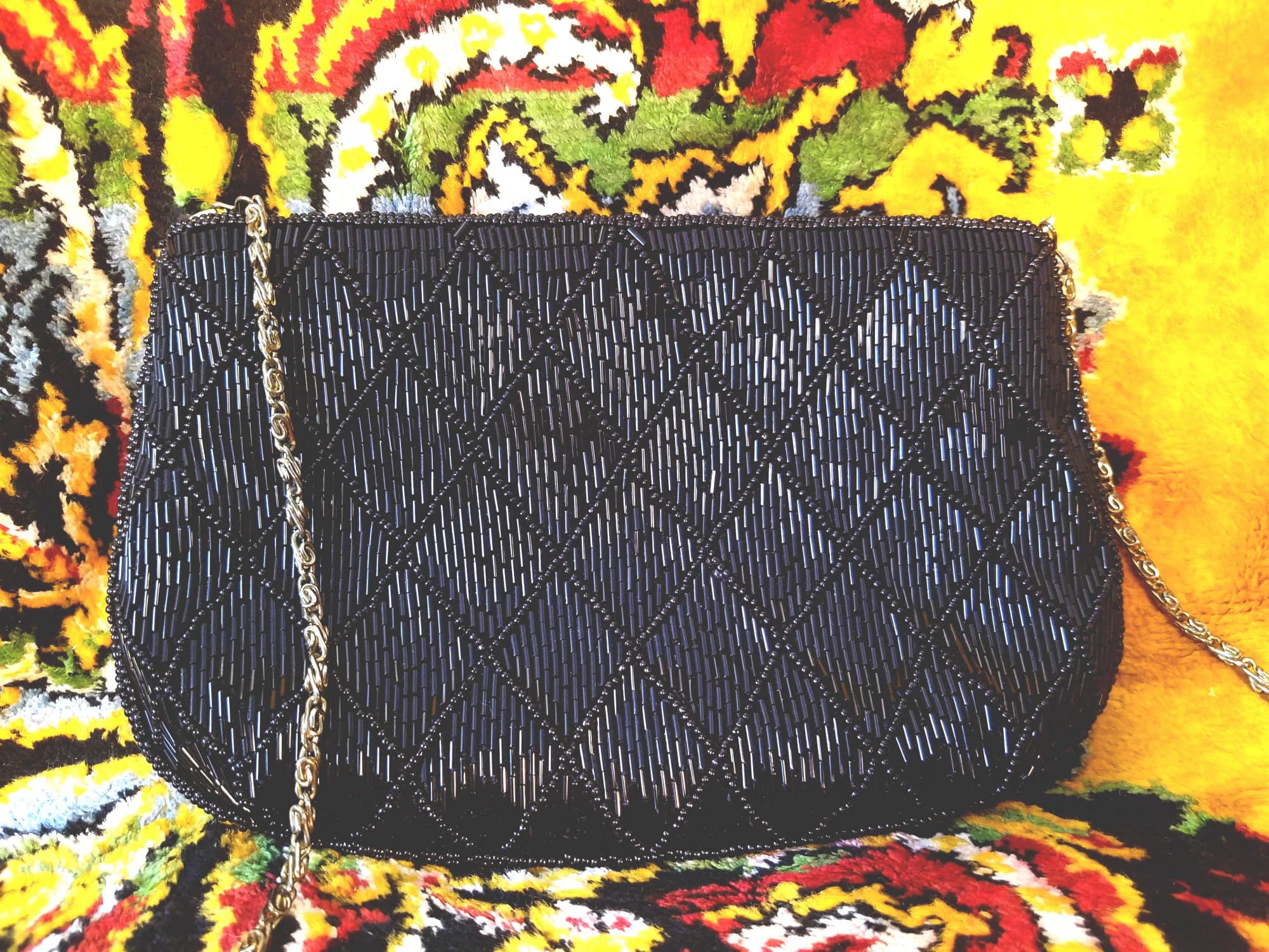 Vintage 80s Black Diamond Patterned Beaded Evening Bag with Chain Strap/ La Regale LTD