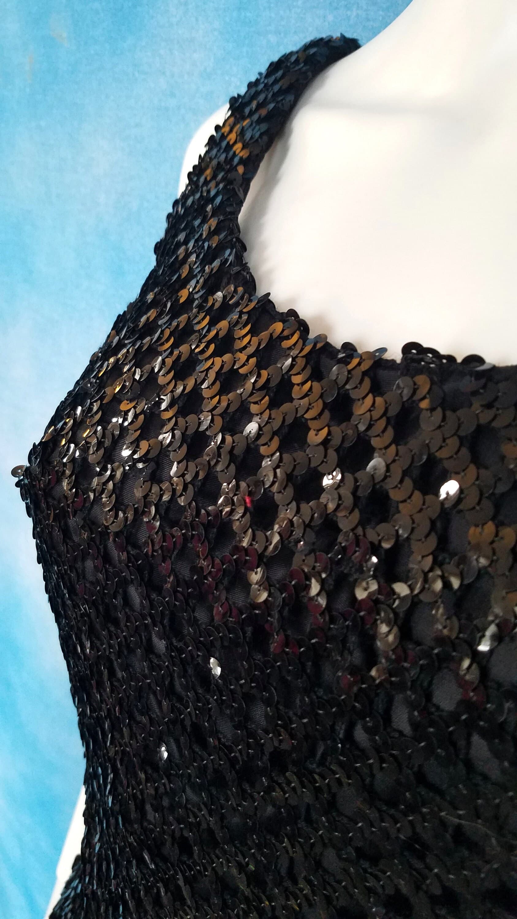 Vintage 60s Black Sequined Sleeveless Tank Shell Top with Zipper Back, Deeper Scooped Neckline/ Union Made/ Size S - image 5