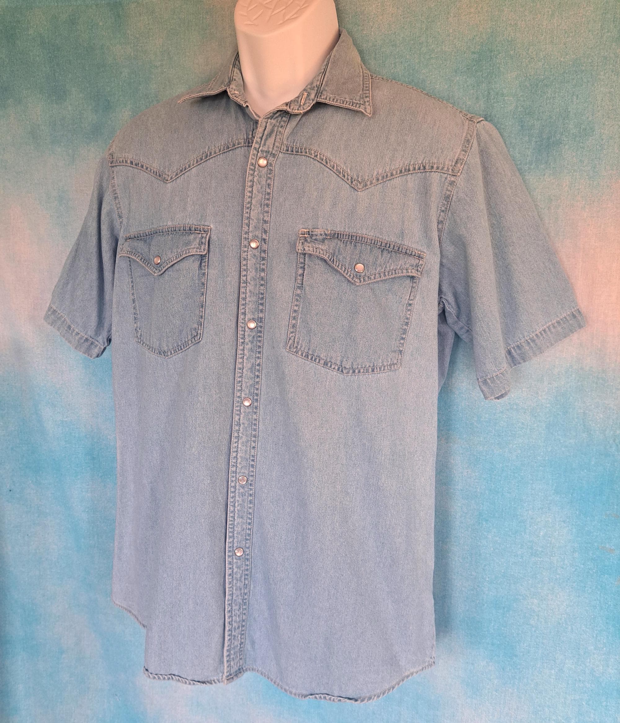 Vintage 90s Bit and Bridle Light Blue Denim Short Sleeve Western Snap Shirt, Men's M - image 5