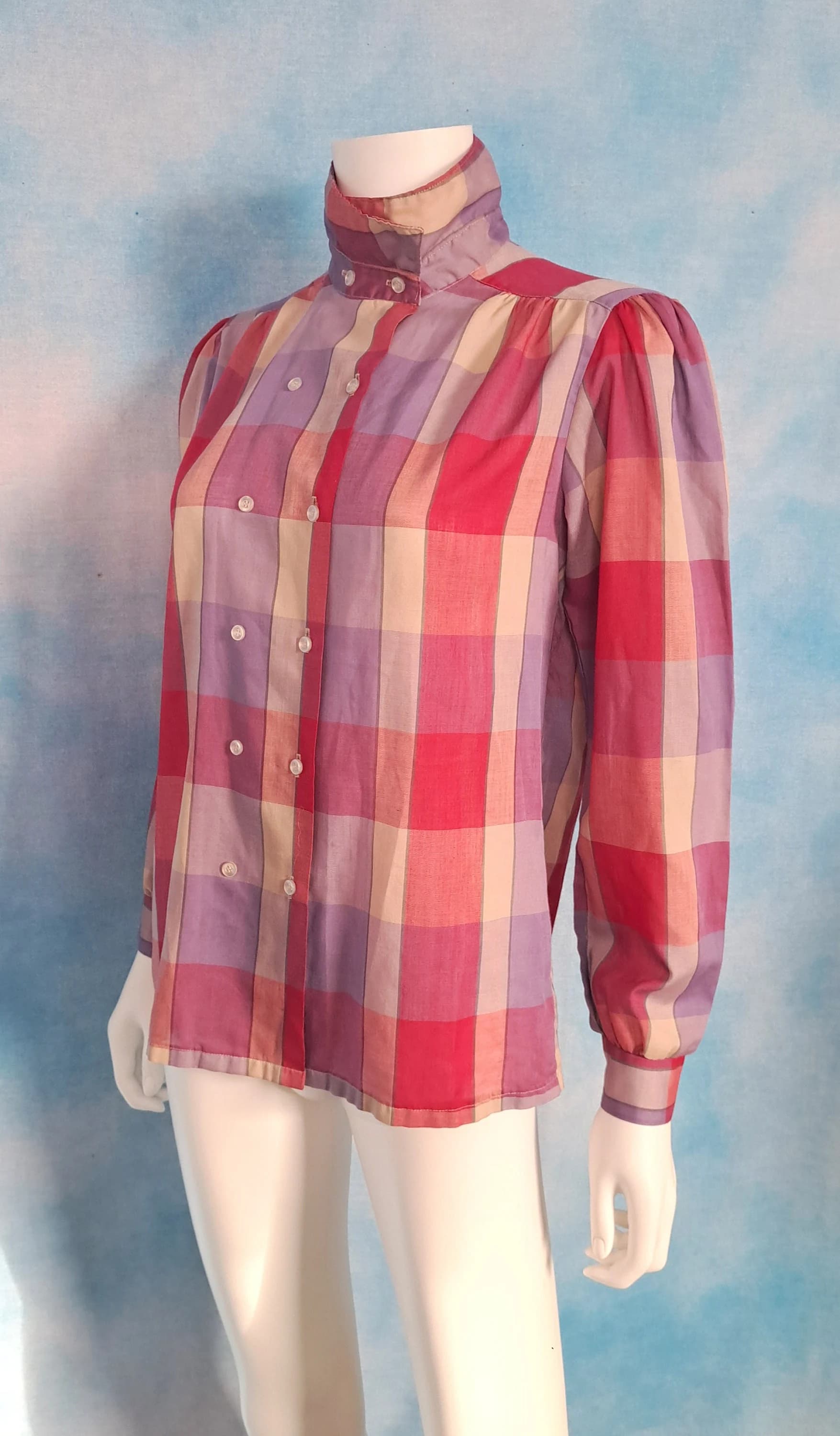Vintage 80s Double Breasted Purple Red Pink Madras Plaid High Collar Thin Cotton Blend Long Sleeve Blouse/ Honors/ Size M