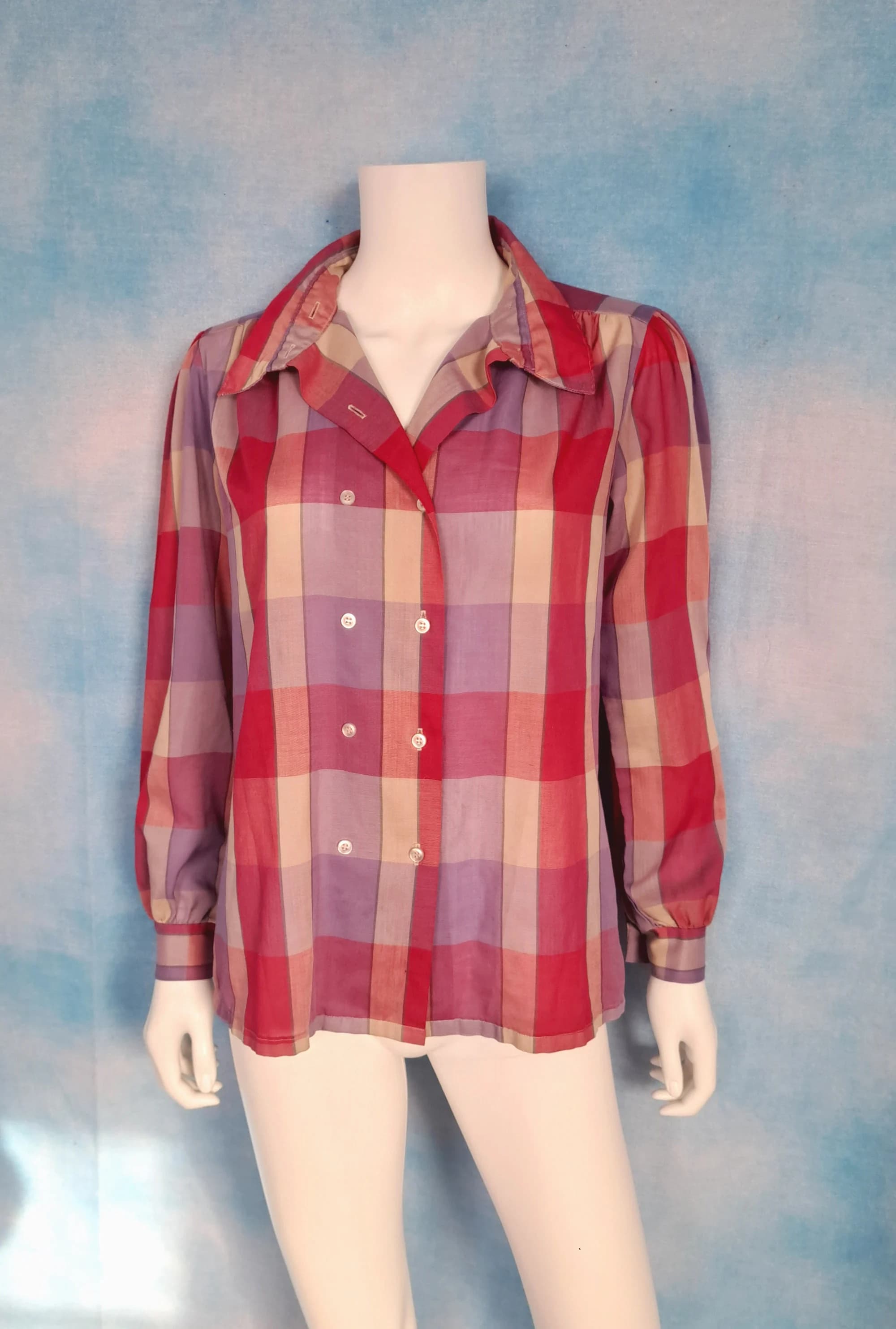 Vintage 80s Double Breasted Purple Red Pink Madras Plaid High Collar Thin Cotton Blend Long Sleeve Blouse/ Honors/ Size M - image 4