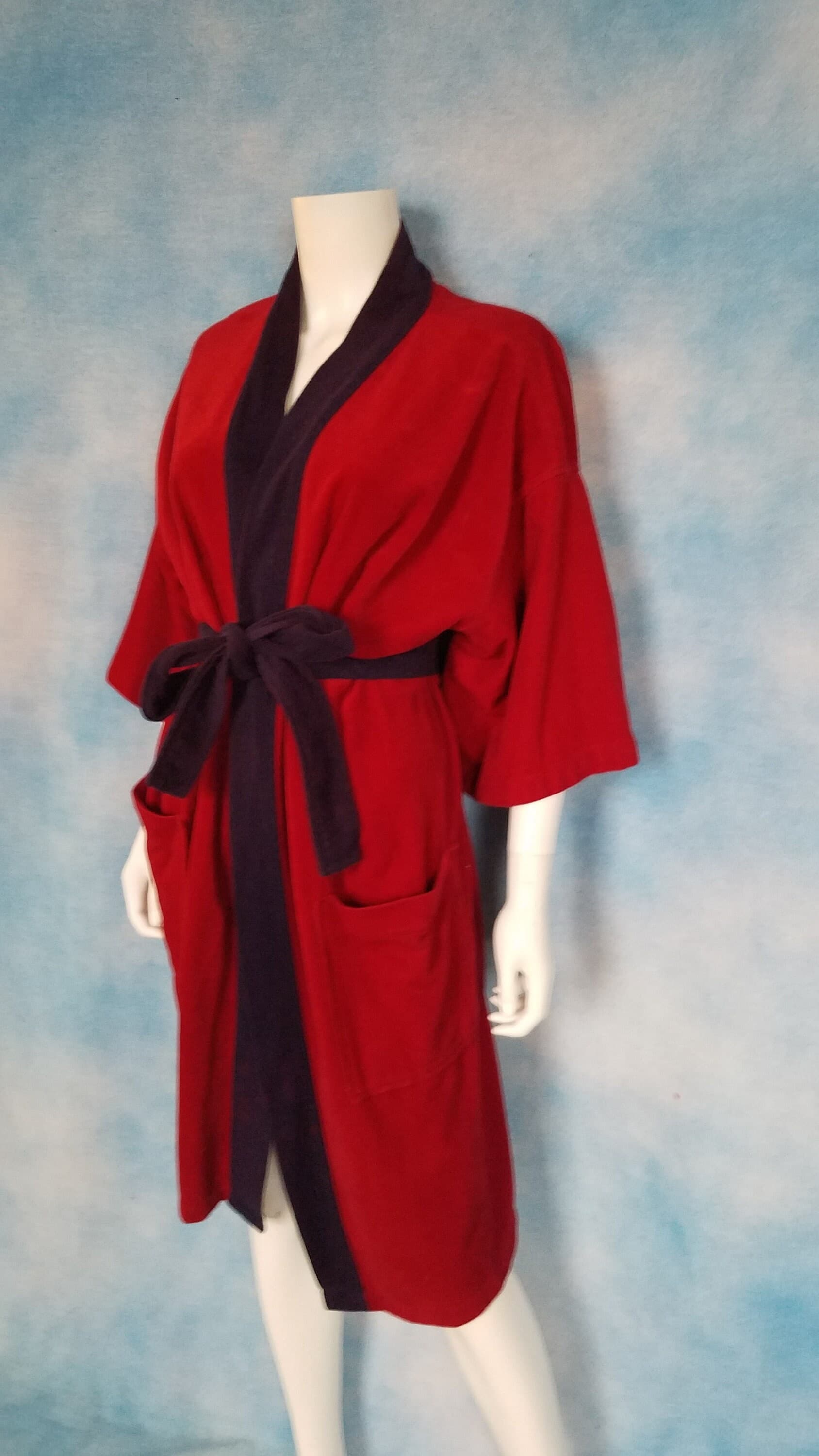 Vintage 80s Cranberry and Navy Velour Bathrobe/ After Hours by Diplomat/ One Size - image 4