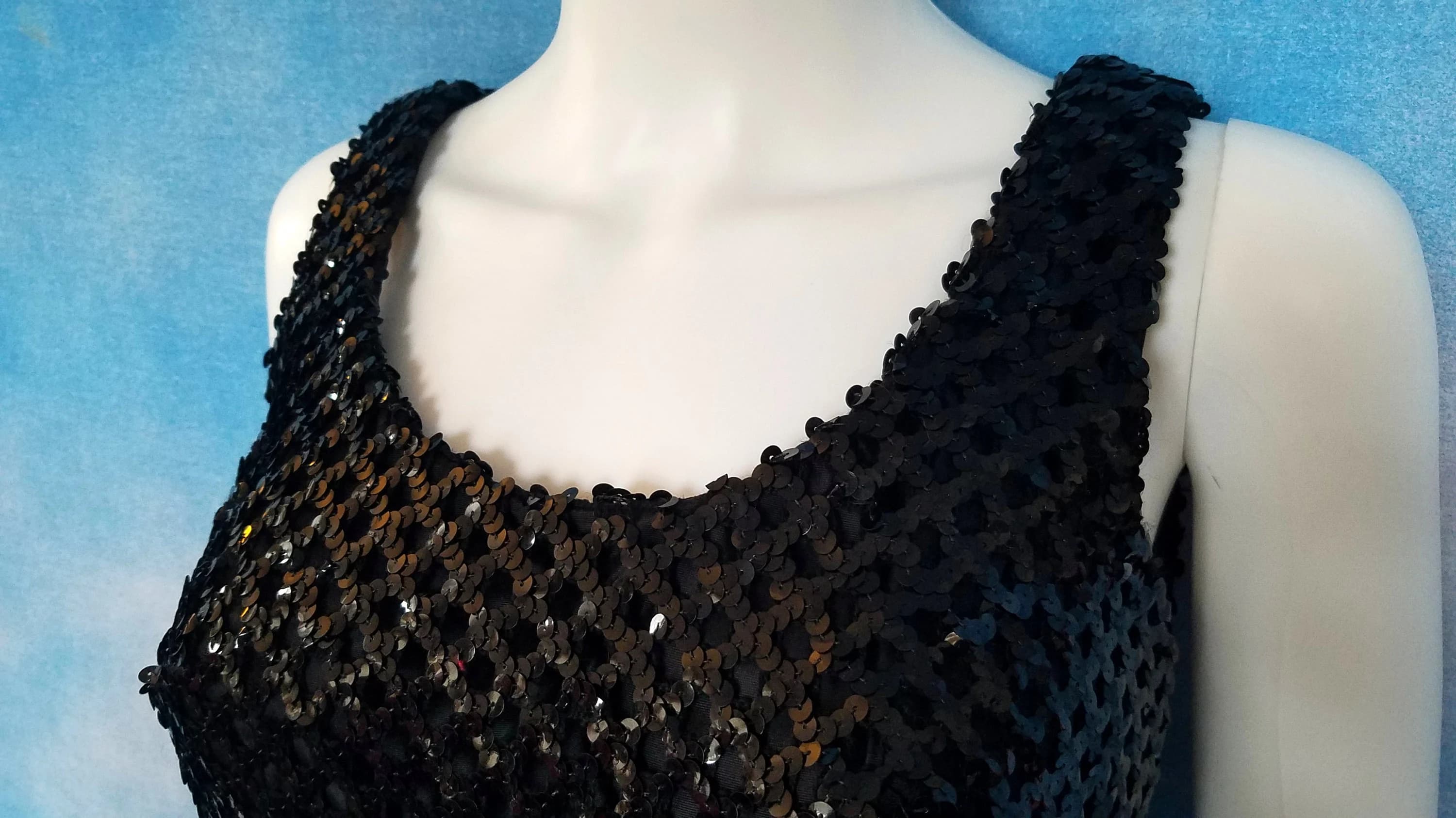 Vintage 60s Black Sequined Sleeveless Tank Shell Top with Zipper Back, Deeper Scooped Neckline/ Union Made/ Size S - image 4
