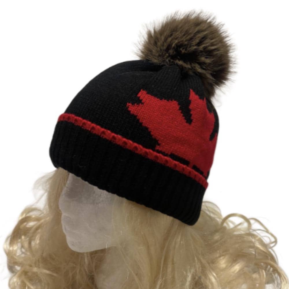 Unisex New Beanie Hat Tuque Winter Canada Maple Leaf Red Black Pom Pom Knitted - image 3