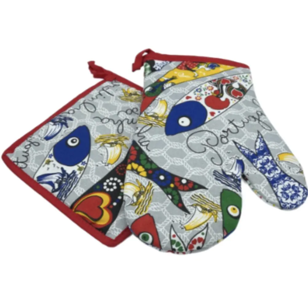 100% Cotton Traditional Portuguese Sardines Symbols Oven Kitchen Mitt Set of 2 - image 3