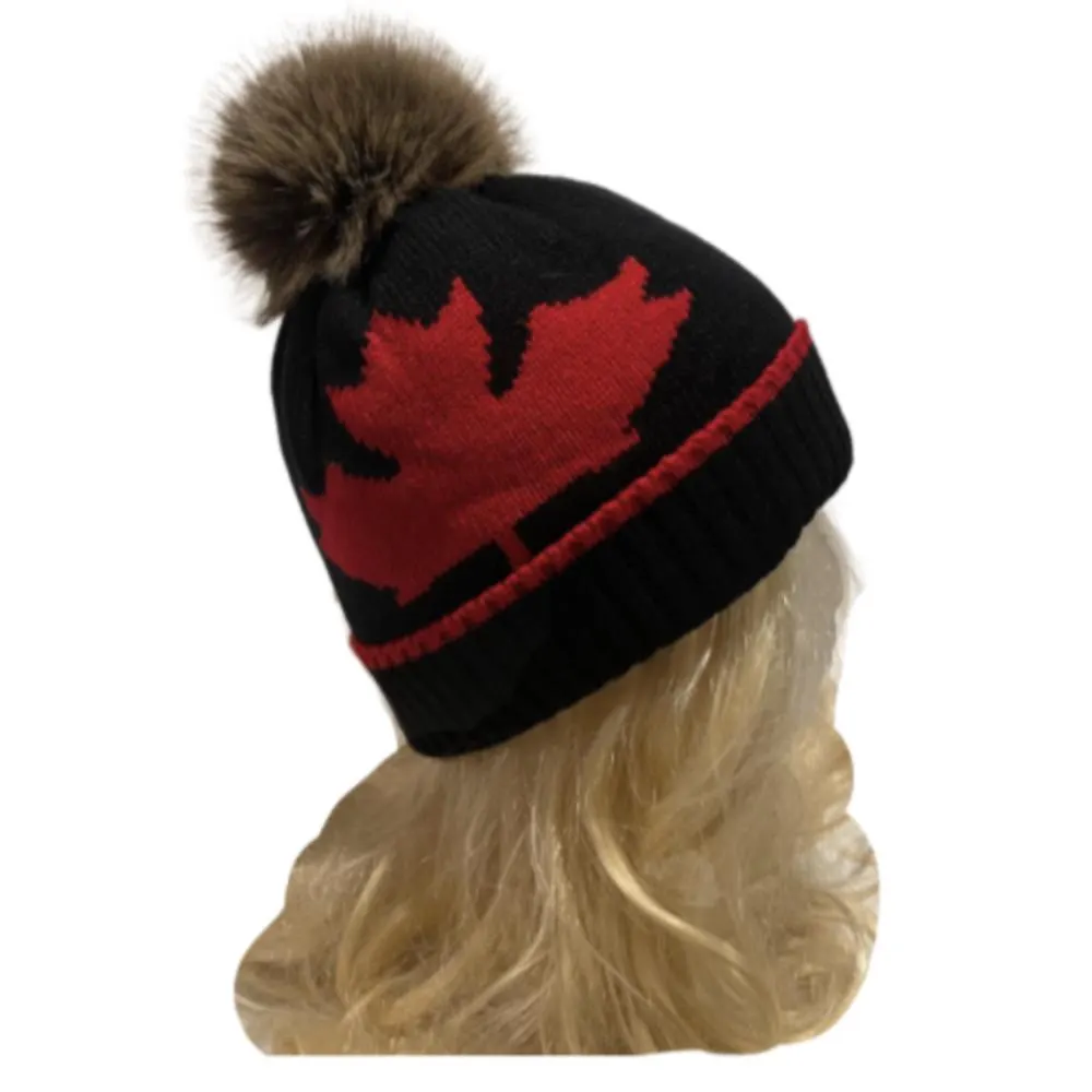 Unisex New Beanie Hat Tuque Winter Canada Maple Leaf Red Black Pom Pom Knitted