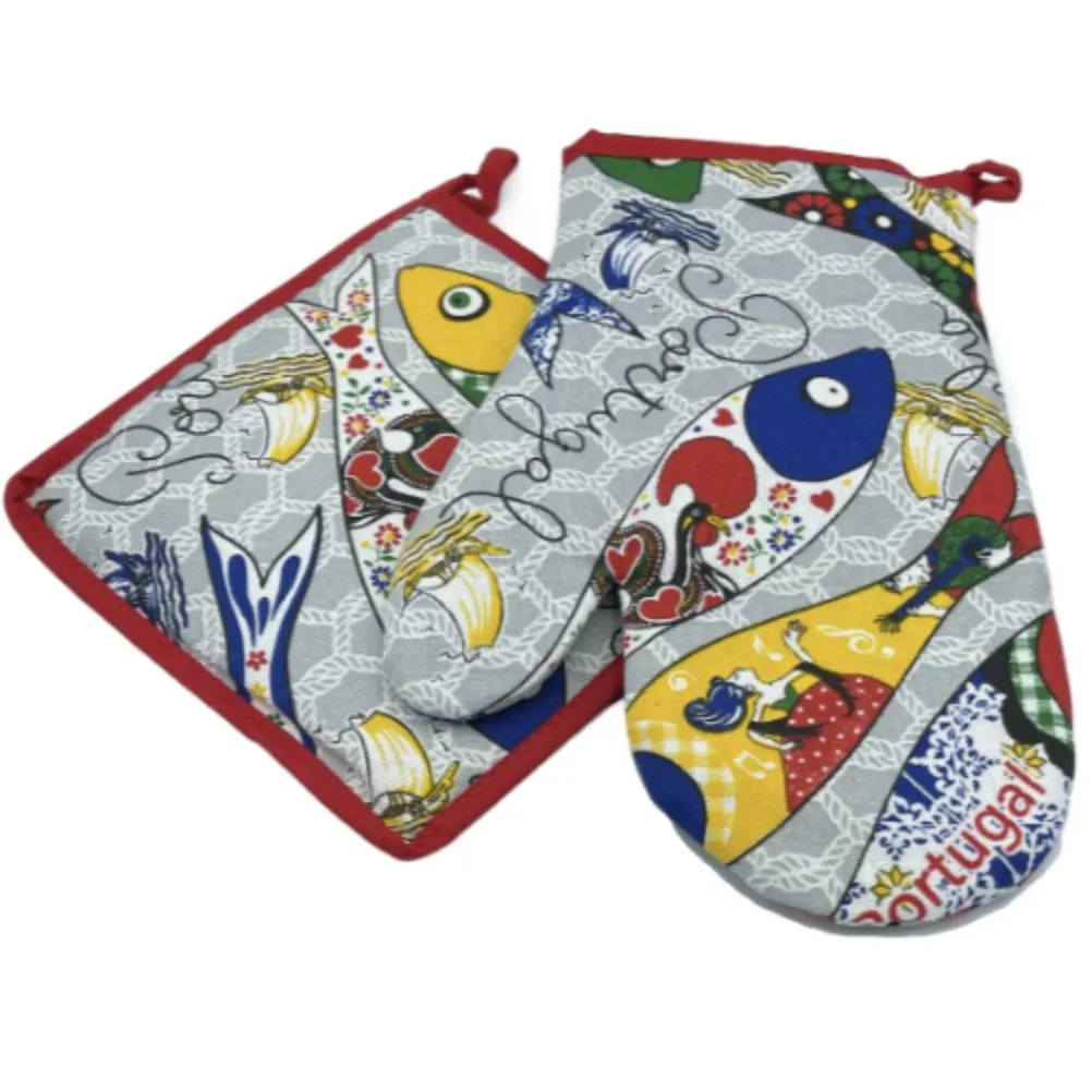 100% Cotton Traditional Portuguese Sardines Symbols Oven Kitchen Mitt Set of 2