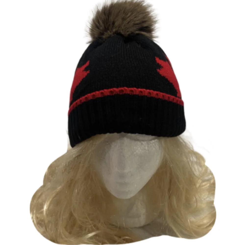 Unisex New Beanie Hat Tuque Winter Canada Maple Leaf Red Black Pom Pom Knitted - image 4