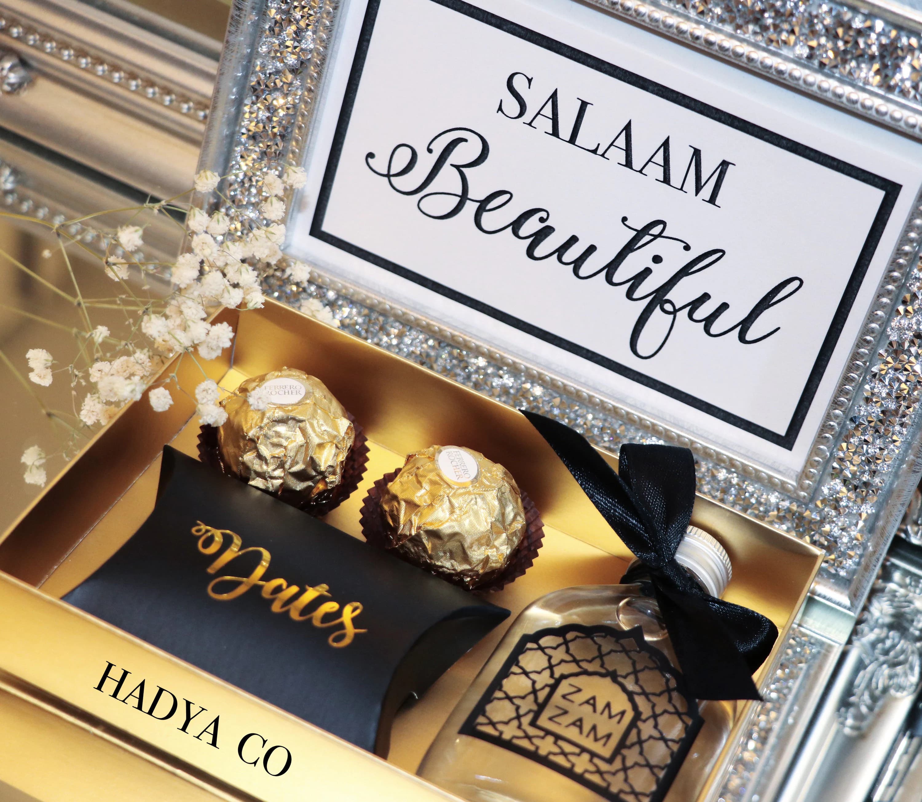 Deluxe Zam Zam Water, Dates and Ferrero Rocher Gift Set - Nikkah/ Wedding/ Birthday Gift - Also for Aqiqah/ Groom/ Bride/ Wedding Invitation