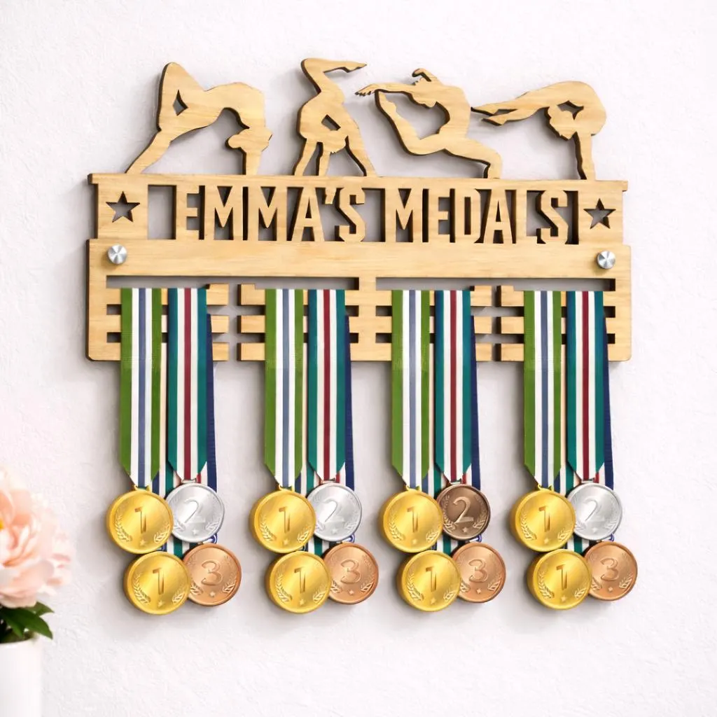 Custom Gymnastics Medal Holder, Wooden Display Rack, Personalised Gymnast Award Hanger