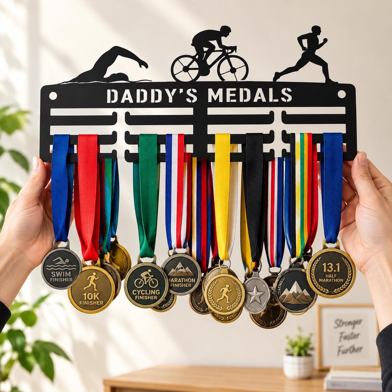 Triathlon Medal Holder - Custom Swim Bike Run Award Hanger - Multisport Sign - Wall Mounted Medal Hanger - Team Award Hanger