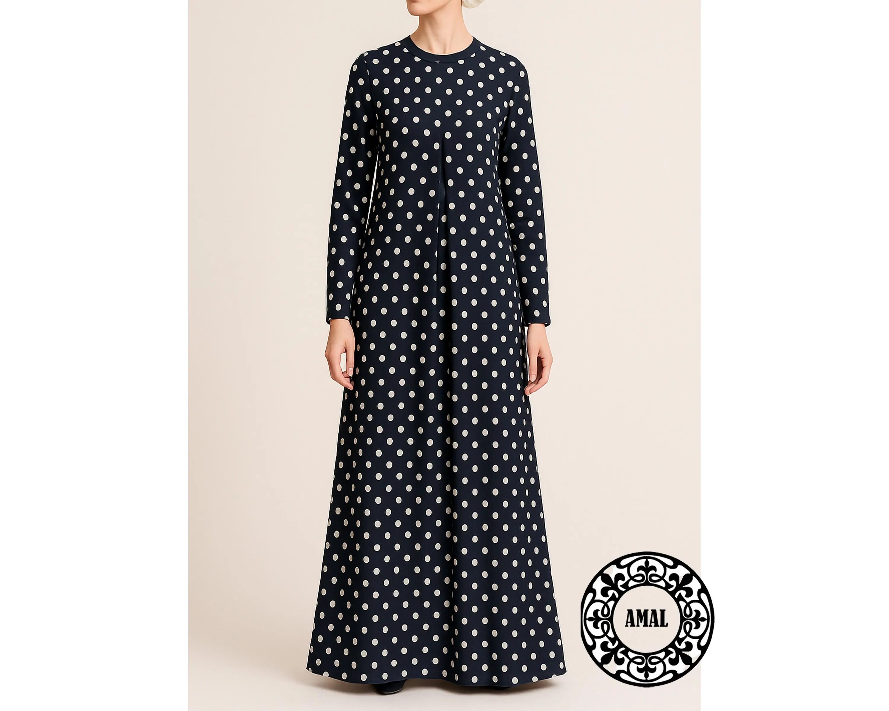 AMAL Muslim. Polka Dot ITY Maxi Dress • Modest Black Long Sleeve Dress • Muslim Abaya Style  USA. Model 07 - image 4