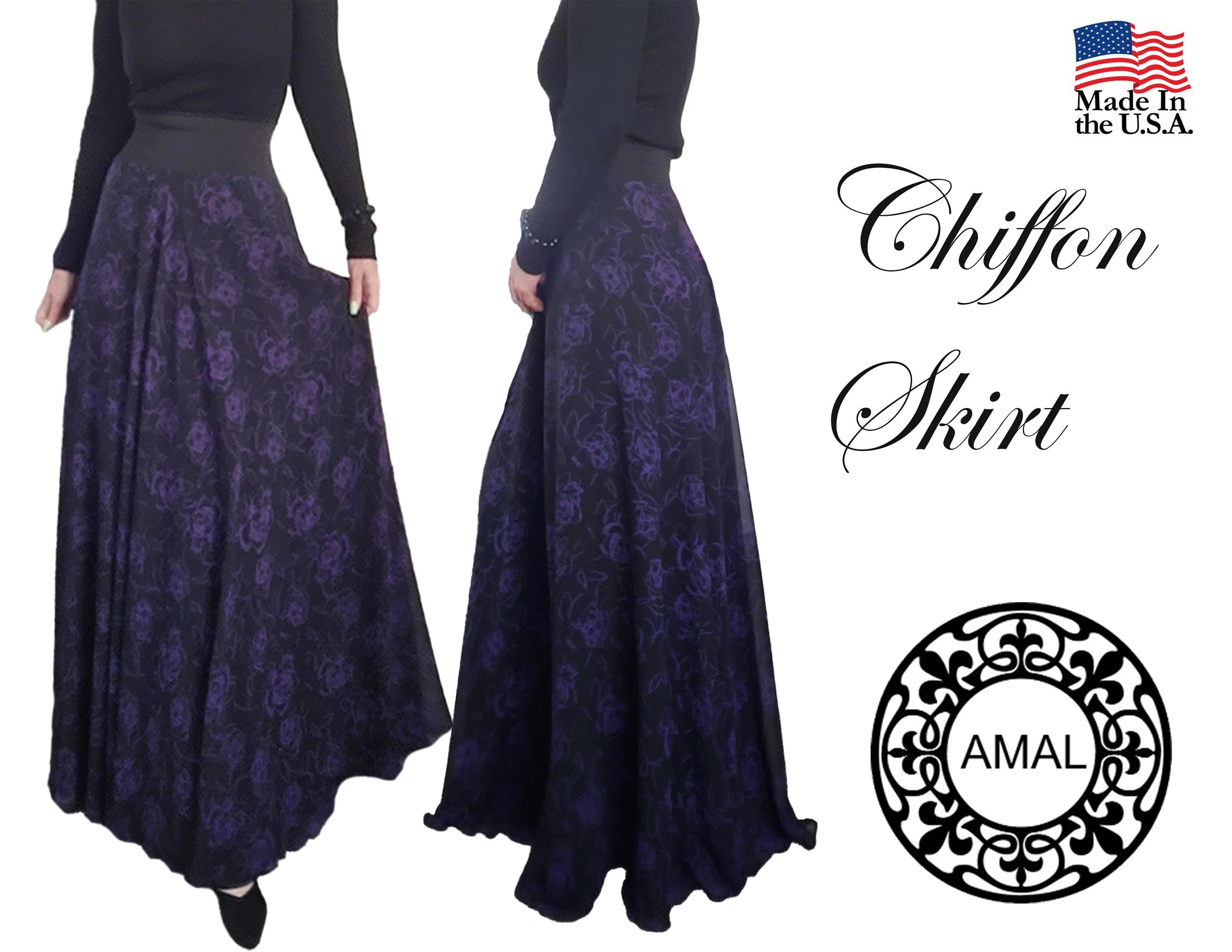 AMAL, Chiffon Maxi Skirt with Full Lining, Semi Circle Flared Long Skirt, Elastic Waist Modest Skirt, Floral Print Skirt for Women M- 113.