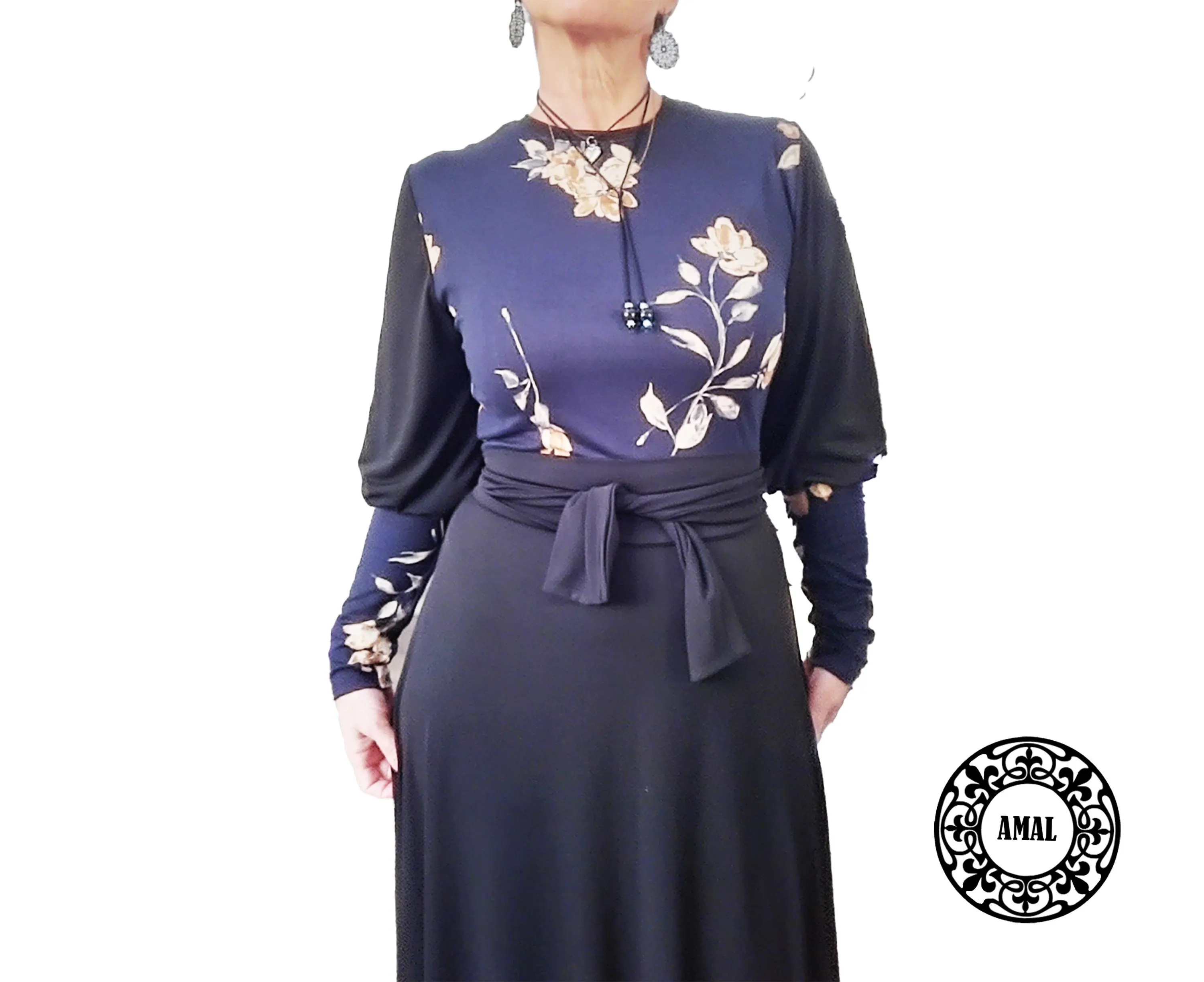AMAL MUSLIM. Elegant Long Dress with Floral Print, Polyester Maxi Dress, Modest Dress with Long Belt, Dark Navy / Black Options, Model 66 - image 4